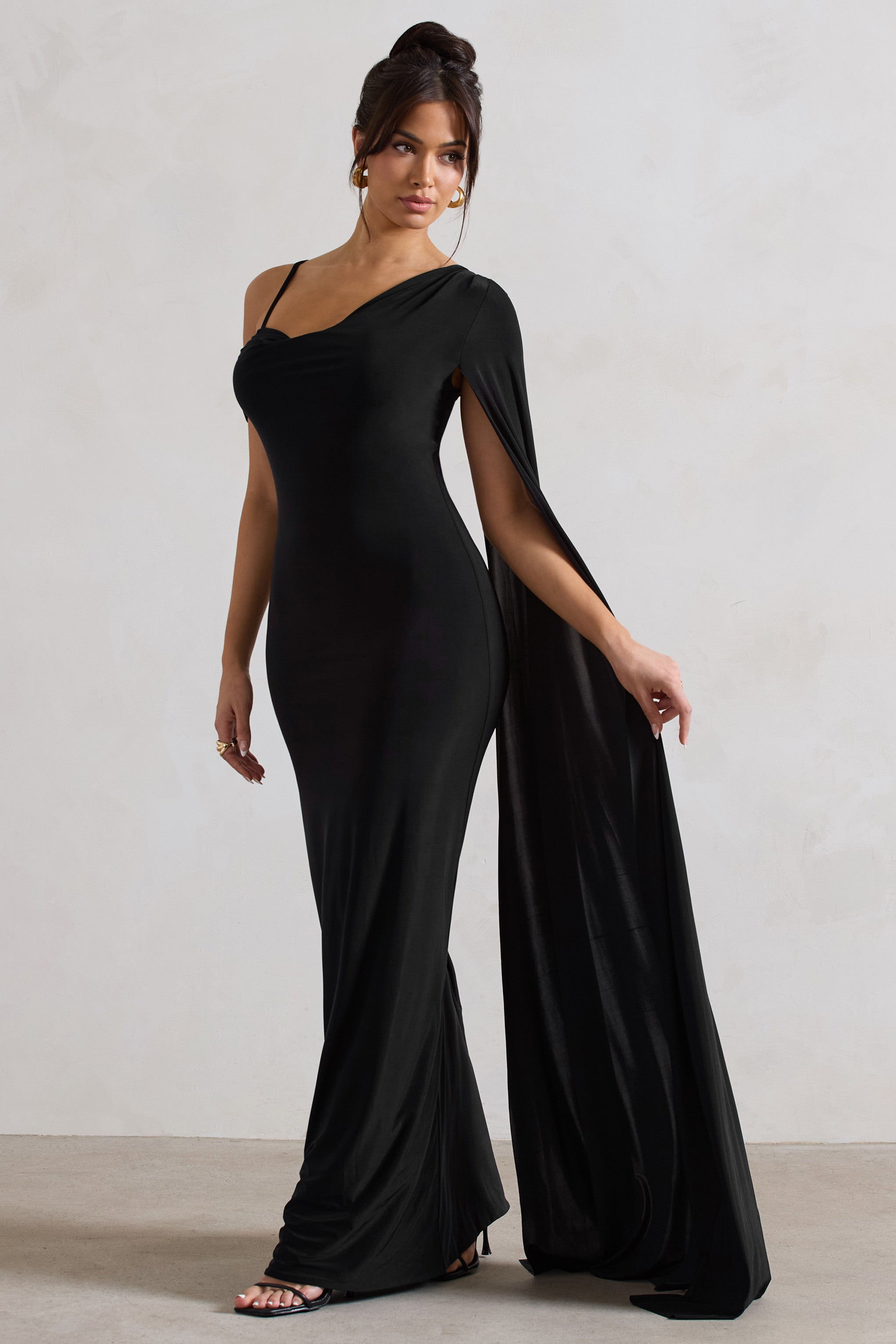Pedra Black One Shoulder Cape Sleeve Draped Maxi Dress-Babyboo Dress Store. All Rights Reserved.