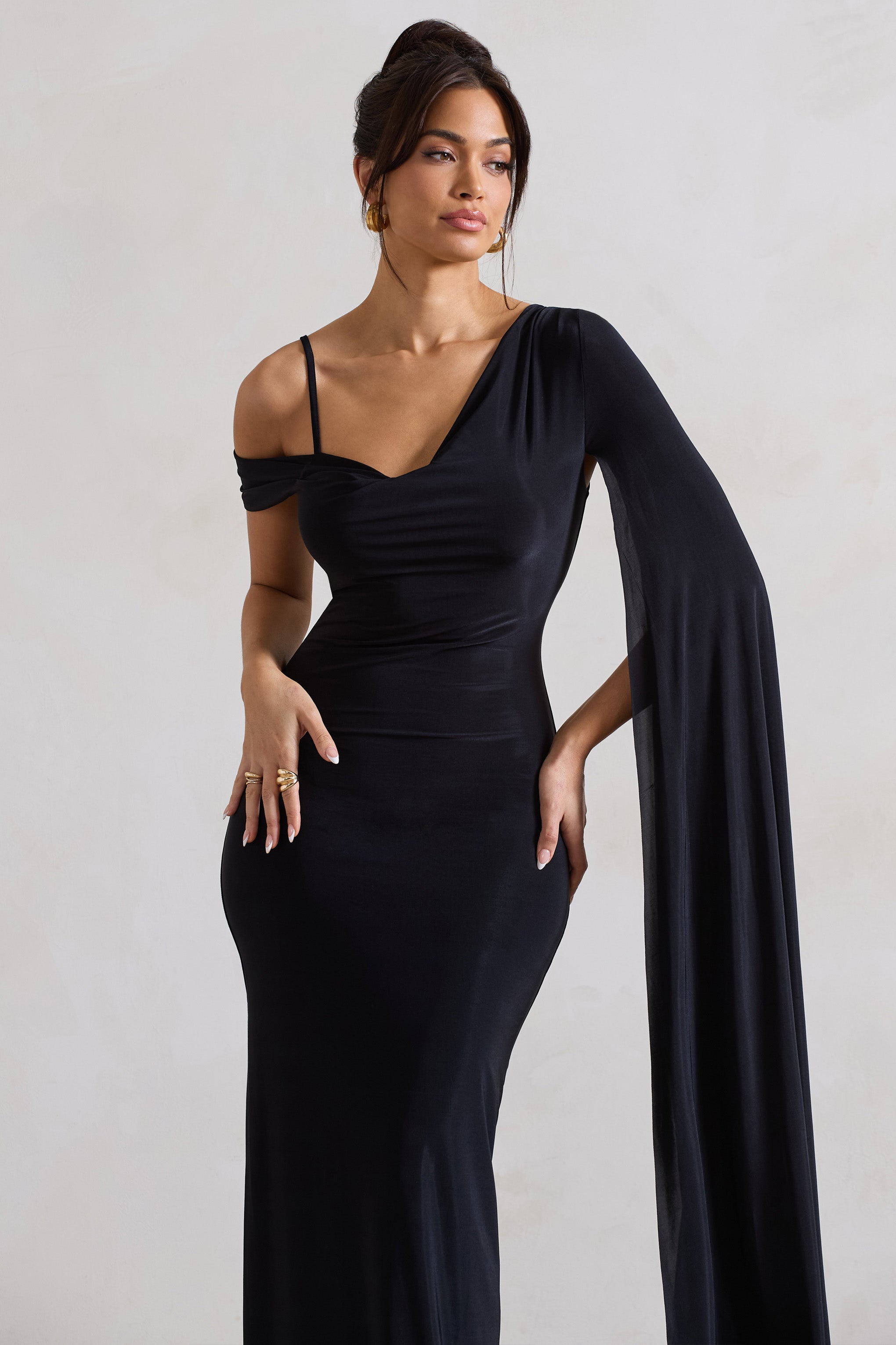 Pedra Black One Shoulder Cape Sleeve Draped Maxi Dress-Babyboo Dress Store. All Rights Reserved.
