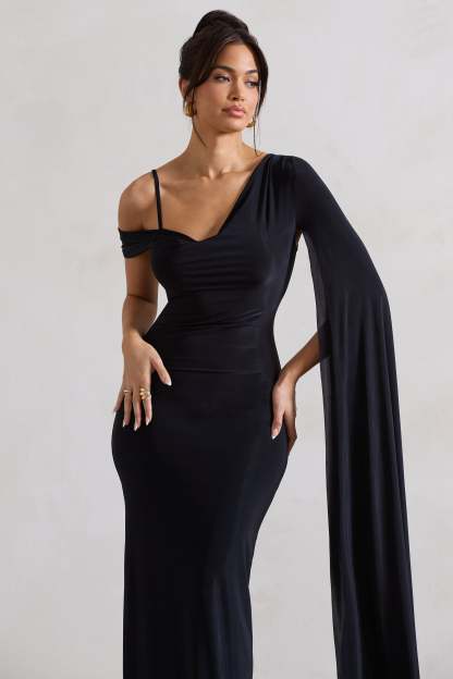 Pedra Black One Shoulder Cape Sleeve Draped Maxi Dress-Babyboo Dress Store. All Rights Reserved.
