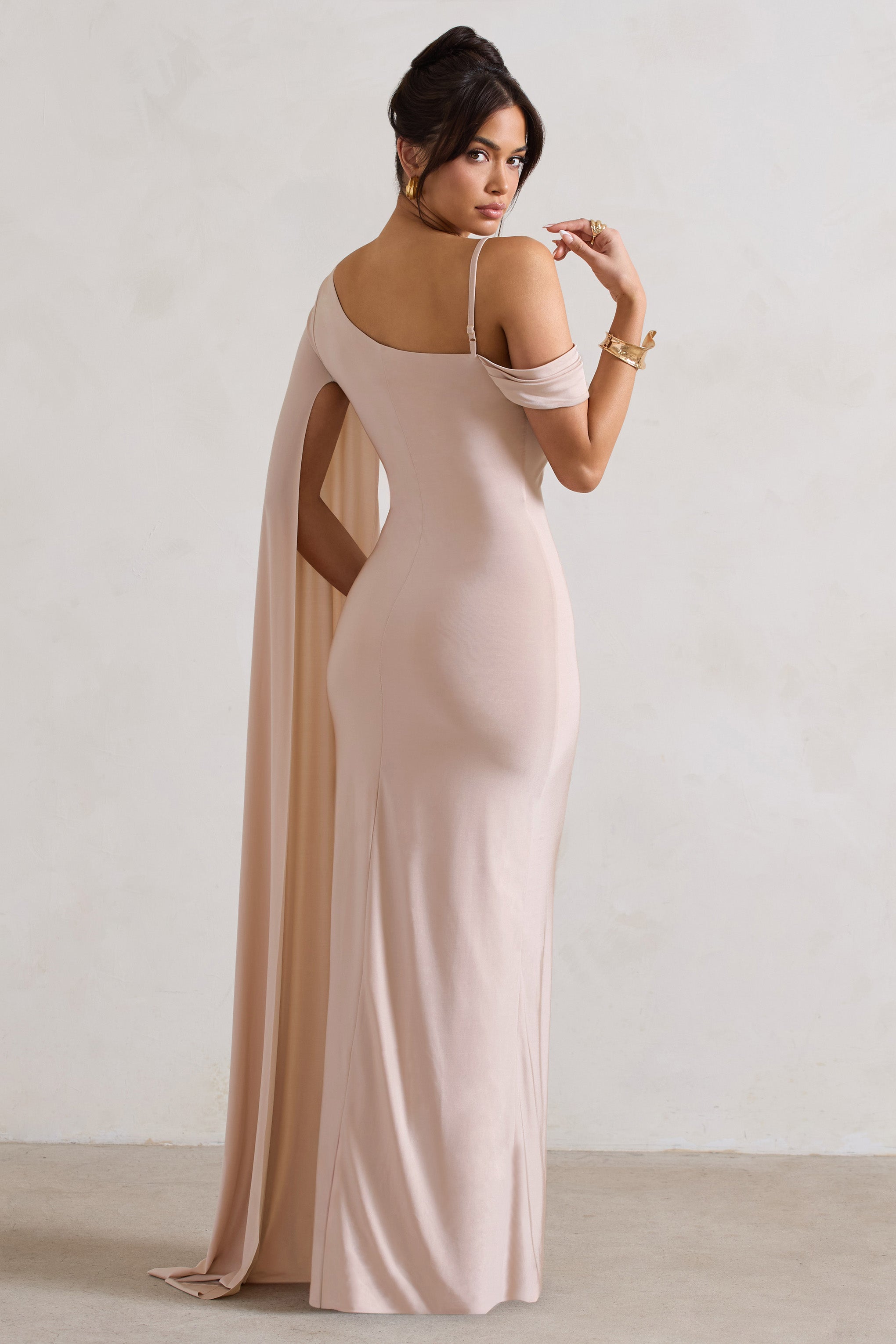 Pedra Champagne One Shoulder Cape Sleeve Draped Maxi Dress-Babyboo Dress Store. All Rights Reserved.
