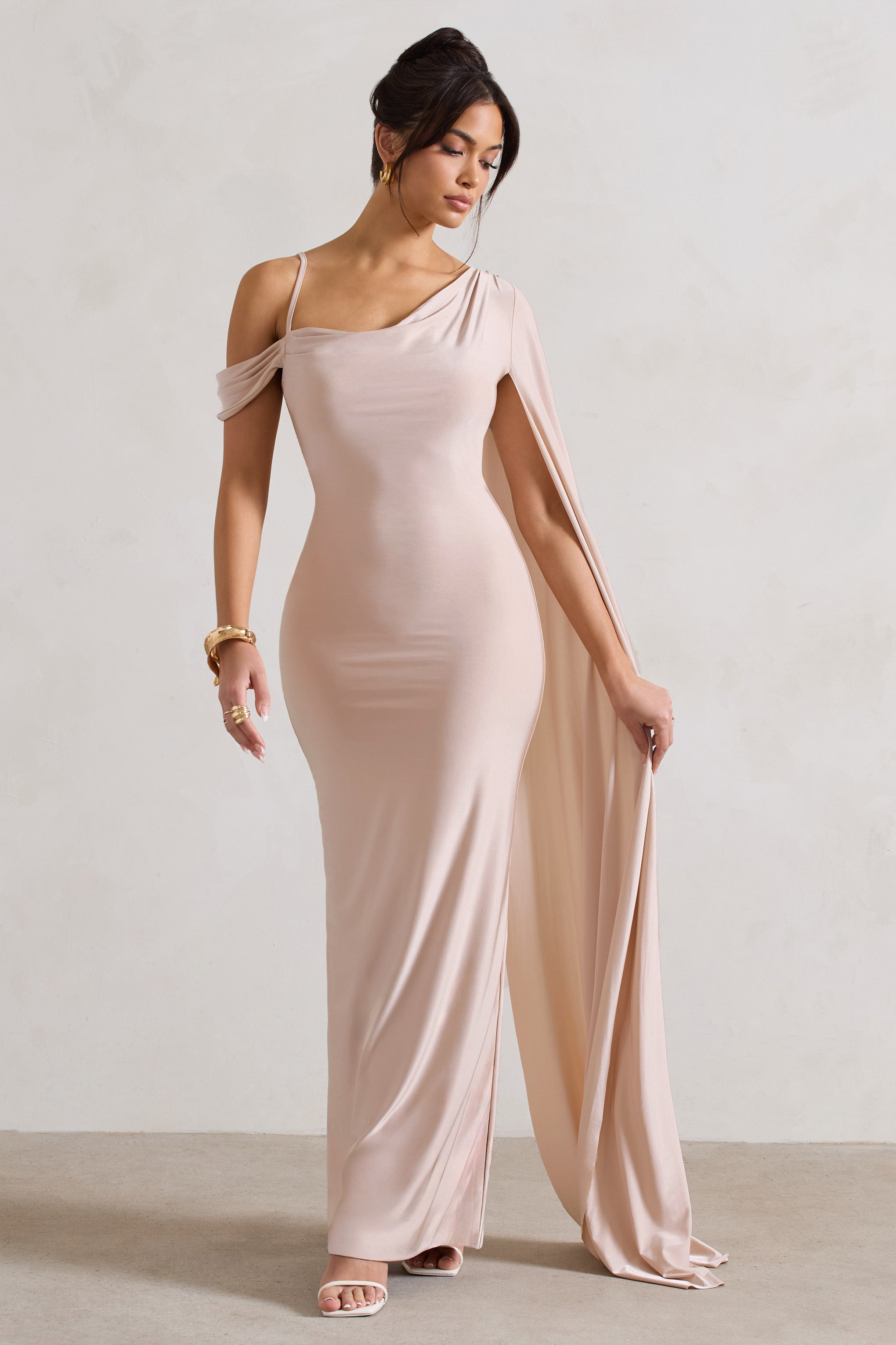 Pedra Champagne One Shoulder Cape Sleeve Draped Maxi Dress-Babyboo Dress Store. All Rights Reserved.