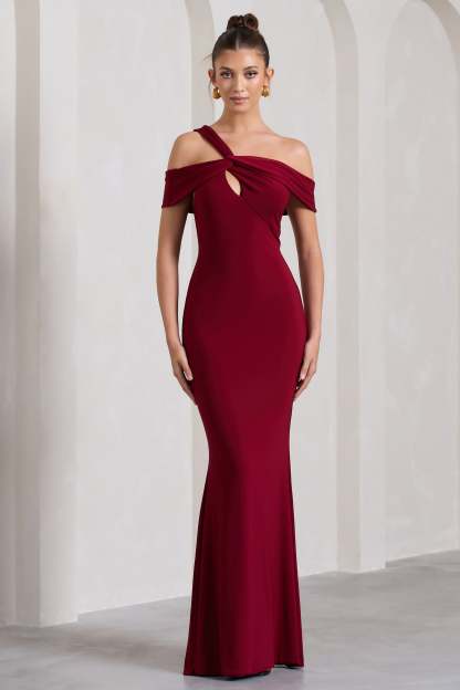 Captivating Berry Red Strappy Asymmetric Cut-Out Maxi Dress-Babyboo Dress Store. All Rights Reserved.