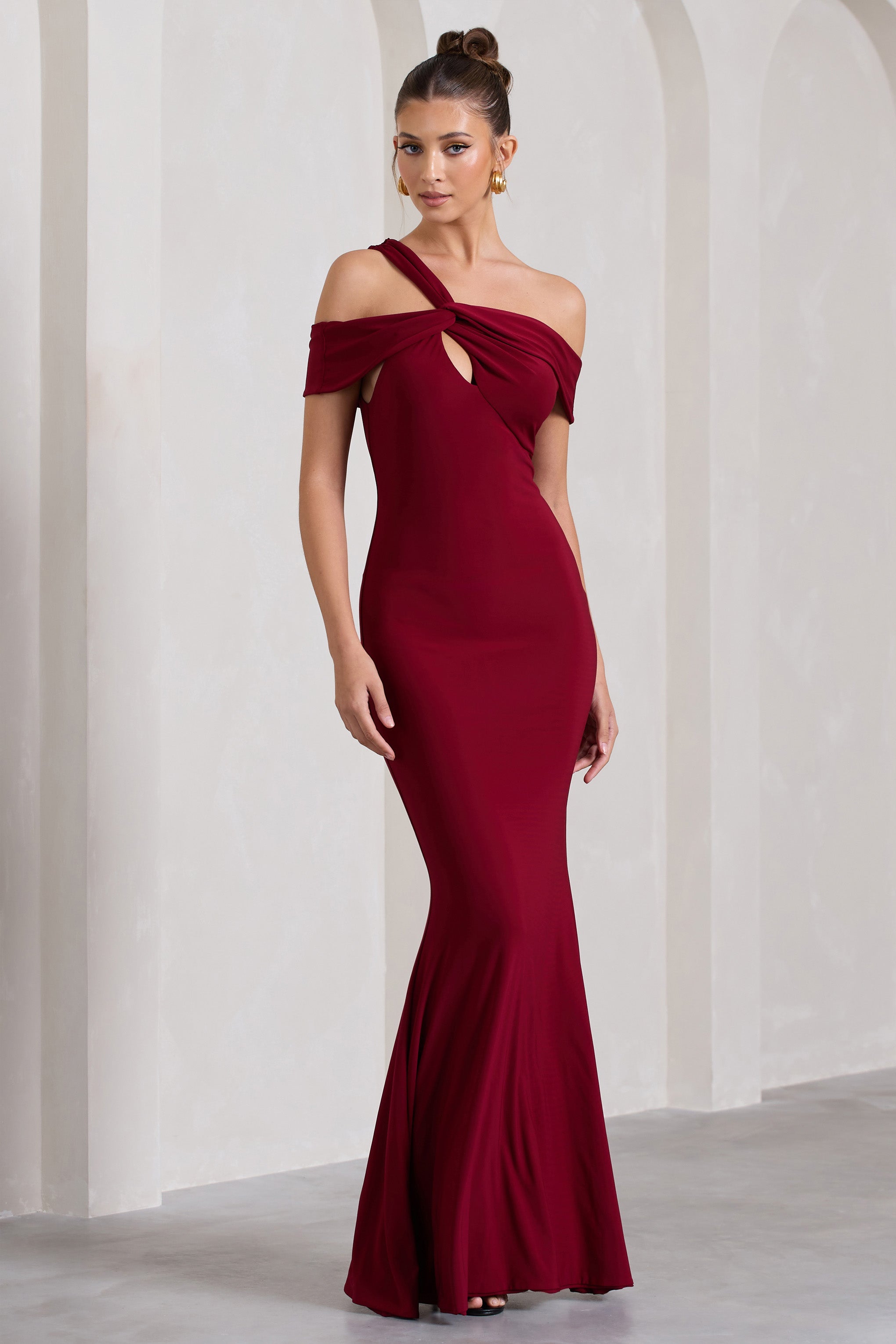 Captivating Berry Red Strappy Asymmetric Cut-Out Maxi Dress-Babyboo Dress Store. All Rights Reserved.