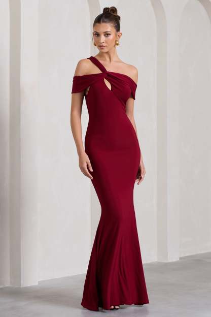 Captivating Berry Red Strappy Asymmetric Cut-Out Maxi Dress-Babyboo Dress Store. All Rights Reserved.