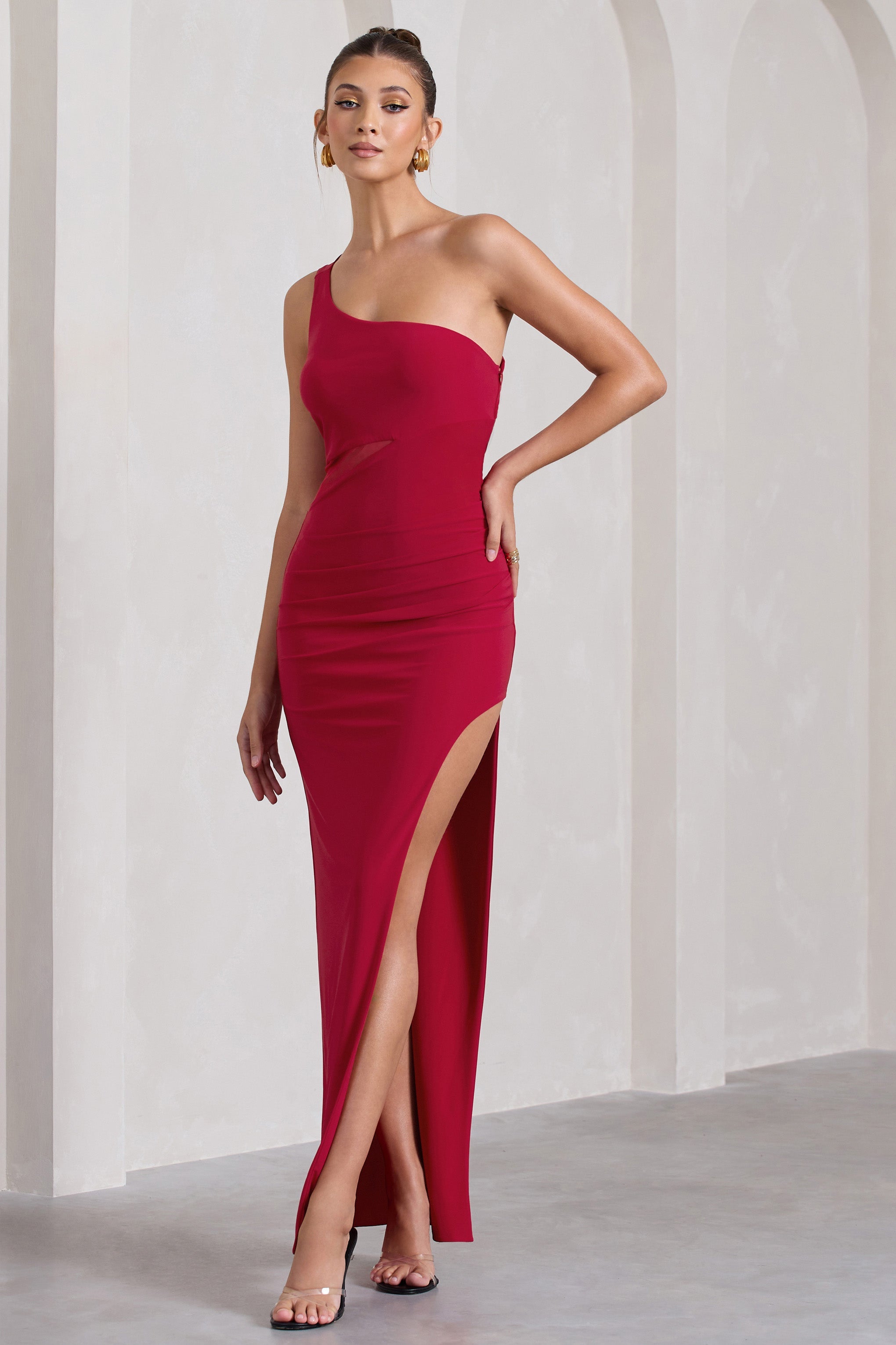 My Night Red One Shoulder Sleeveless Cut-Out Split Maxi Dress