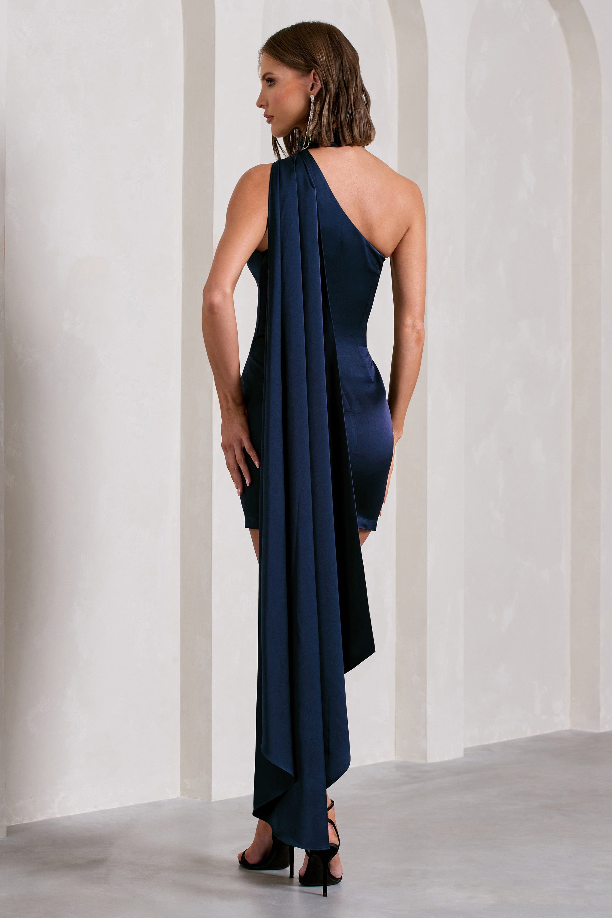 Natalie Navy Satin One Shoulder Mini Dress With Scarf Detail-Babyboo Dress Store. All Rights Reserved.