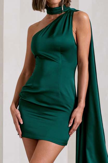 Natalie Bottle Green Satin One Shoulder Mini Dress With Scarf Detail-Babyboo Dress Store. All Rights Reserved.