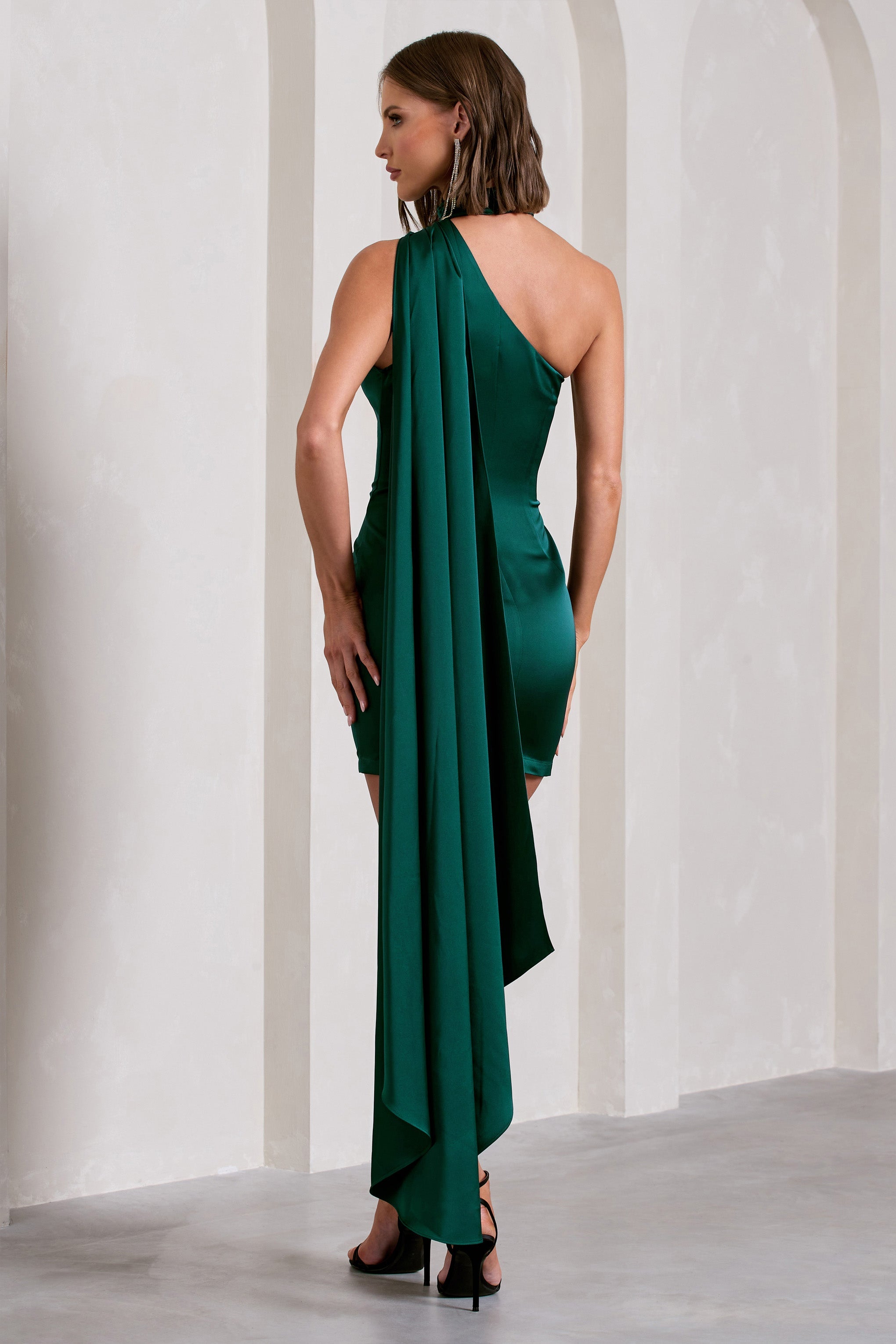 Natalie Bottle Green Satin One Shoulder Mini Dress With Scarf Detail-Babyboo Dress Store. All Rights Reserved.
