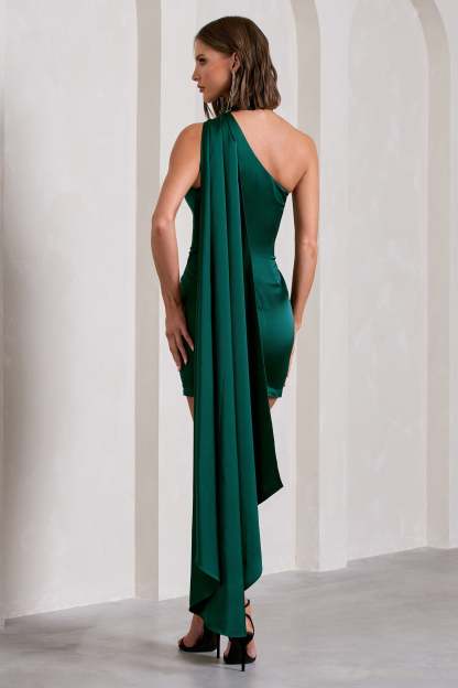 Natalie Bottle Green Satin One Shoulder Mini Dress With Scarf Detail-Babyboo Dress Store. All Rights Reserved.