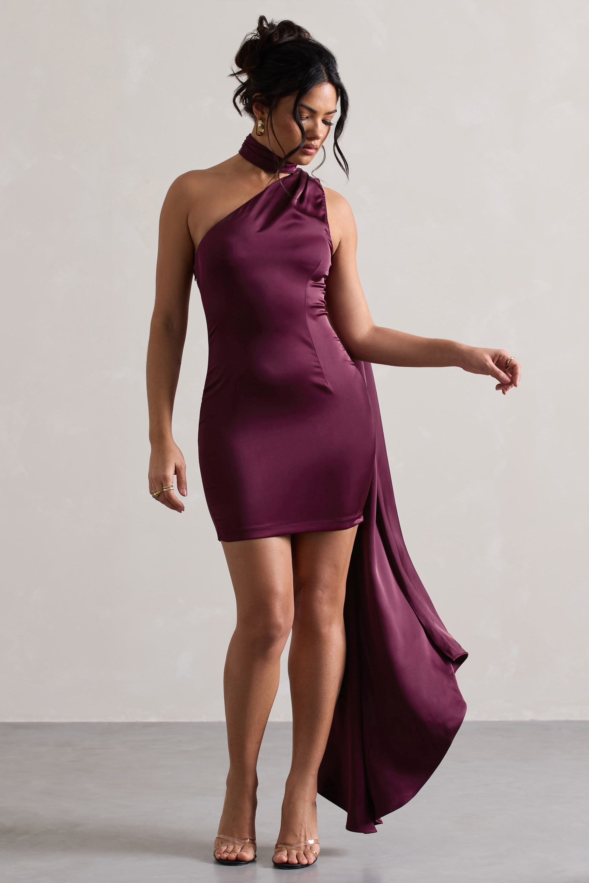 Natalie Plum Satin One Shoulder Mini Dress With Scarf Detail-Babyboo Dress Store. All Rights Reserved.