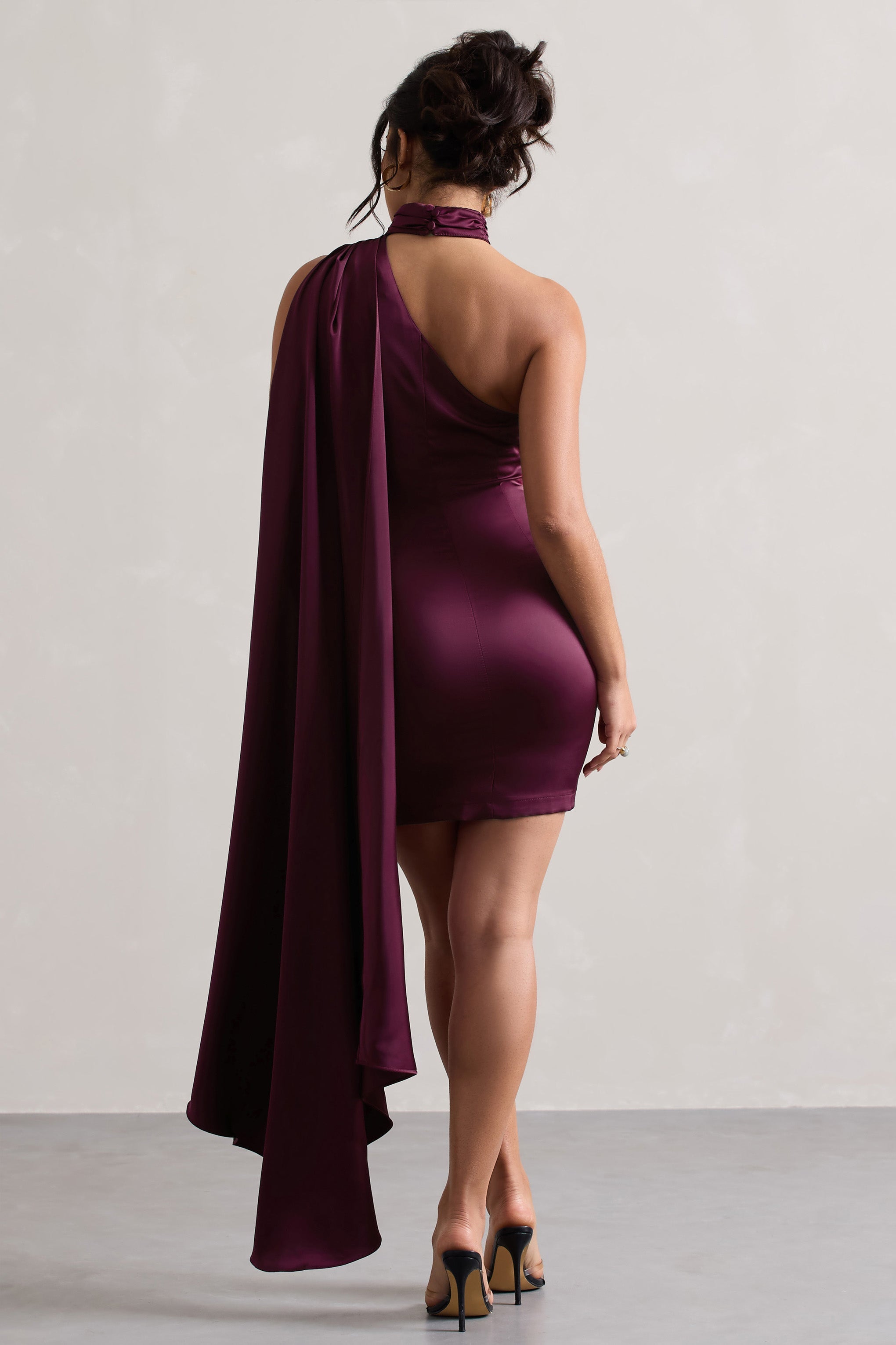 Natalie Plum Satin One Shoulder Mini Dress With Scarf Detail-Babyboo Dress Store. All Rights Reserved.