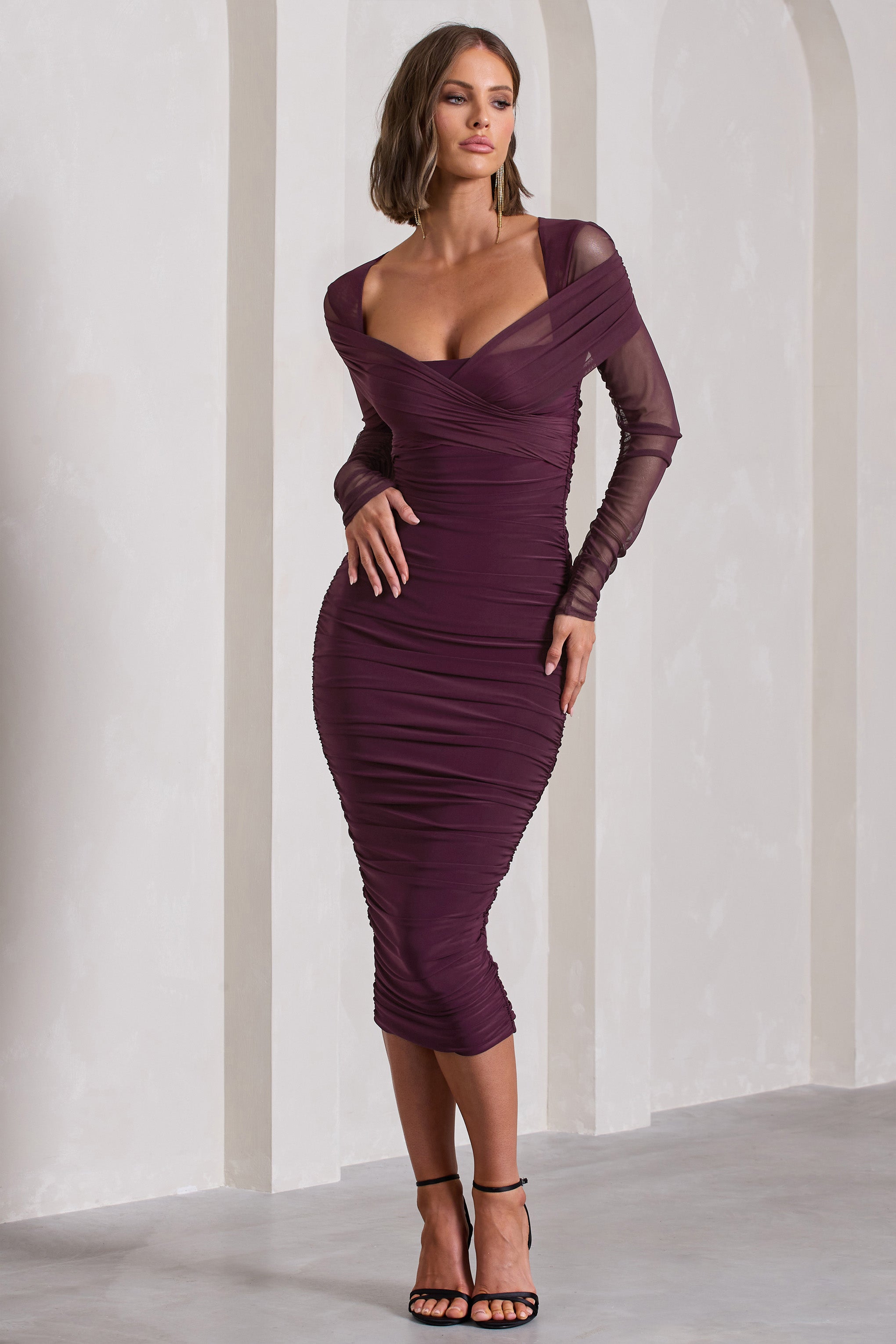 Between The Lines Plum Ruched Mesh Long-Sleeved Bodycon Midi Dress