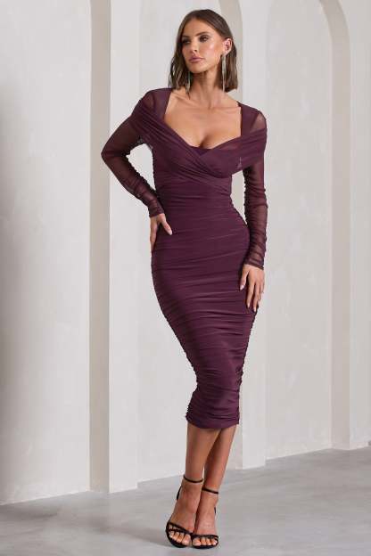 Between The Lines Plum Ruched Mesh Long-Sleeved Bodycon Midi Dress