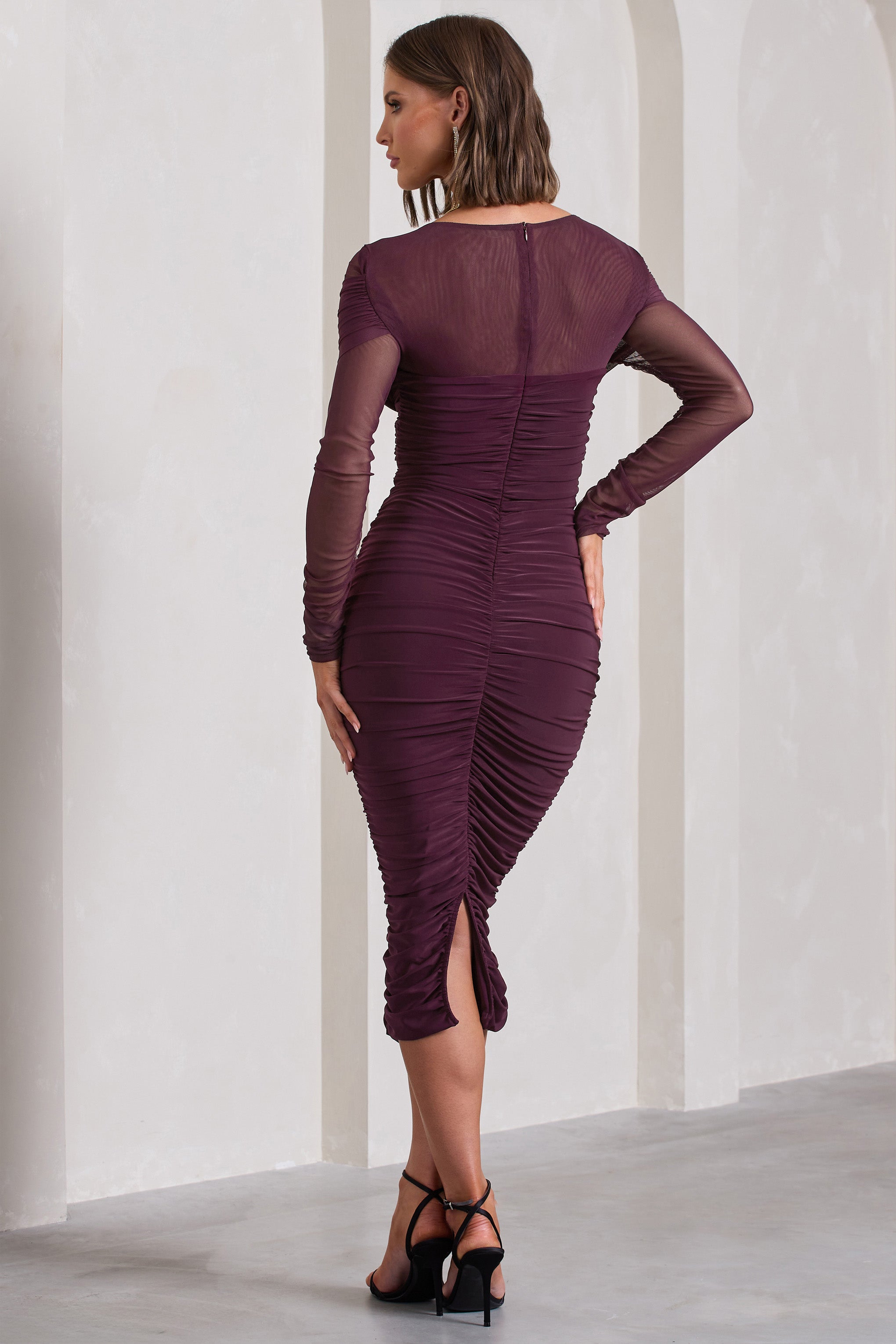 Between The Lines Plum Ruched Mesh Long-Sleeved Bodycon Midi Dress