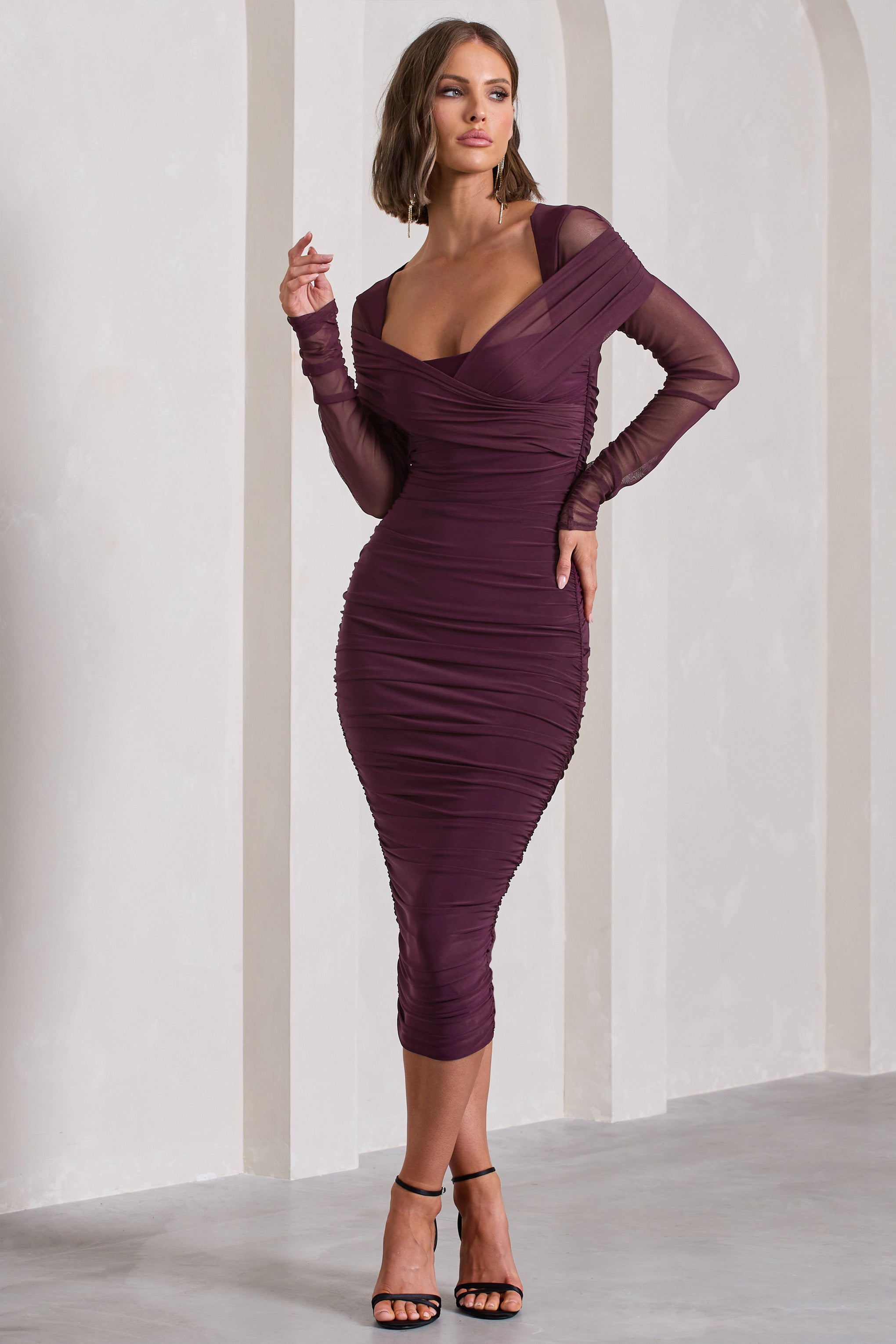 Between The Lines Plum Ruched Mesh Long-Sleeved Bodycon Midi Dress