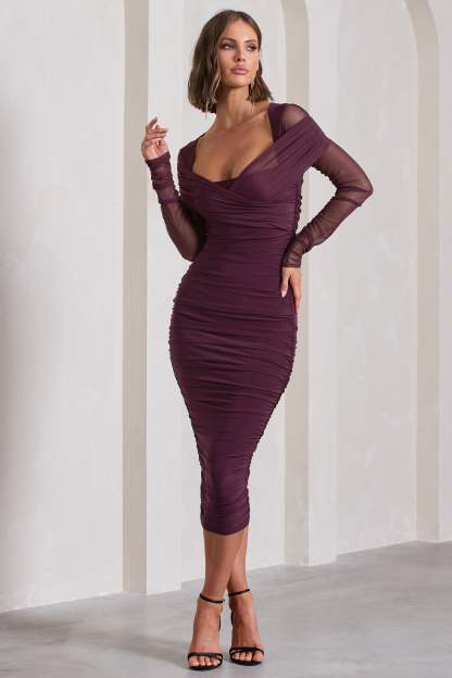 Between The Lines Plum Ruched Mesh Long-Sleeved Bodycon Midi Dress
