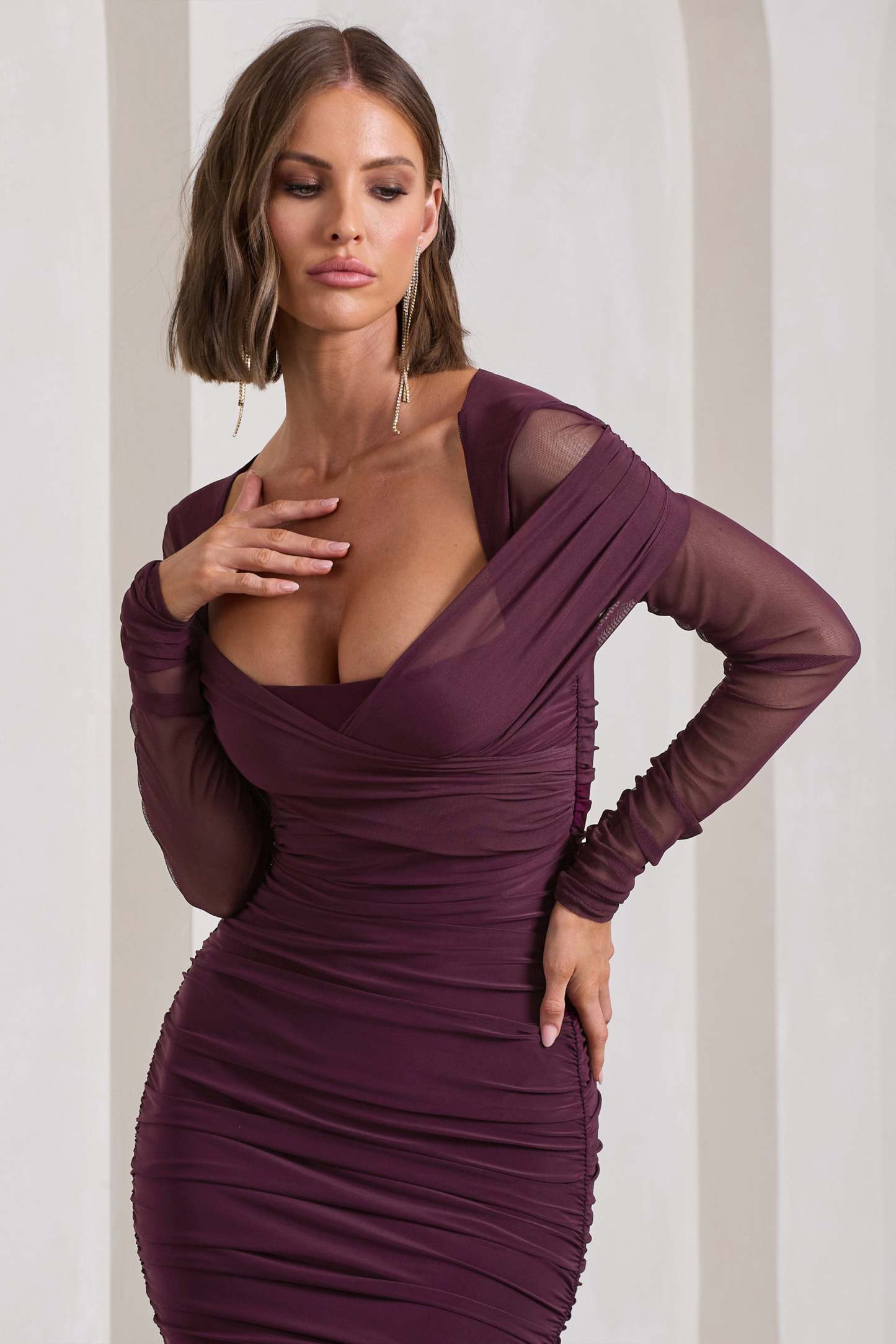 Between The Lines Plum Ruched Mesh Long-Sleeved Bodycon Midi Dress