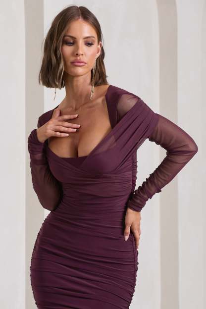 Between The Lines Plum Ruched Mesh Long-Sleeved Bodycon Midi Dress