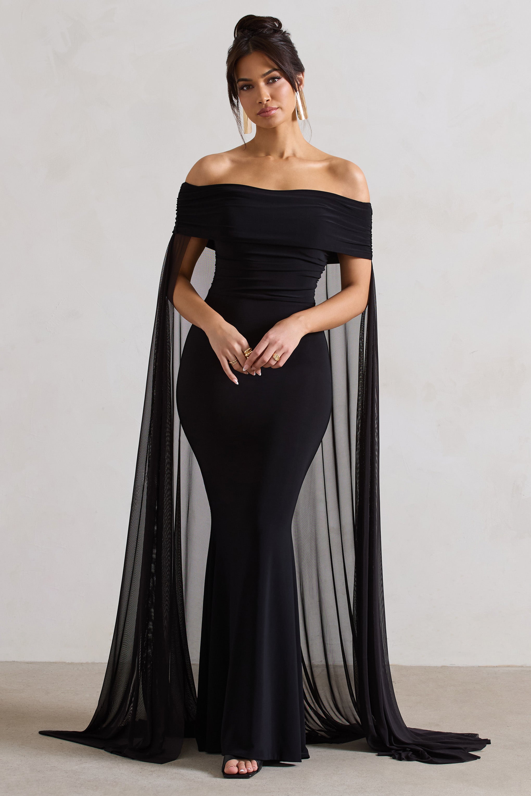 Carlotta Black Bardot Maxi Dress With Chiffon Cape-Babyboo Dress Store. All Rights Reserved.