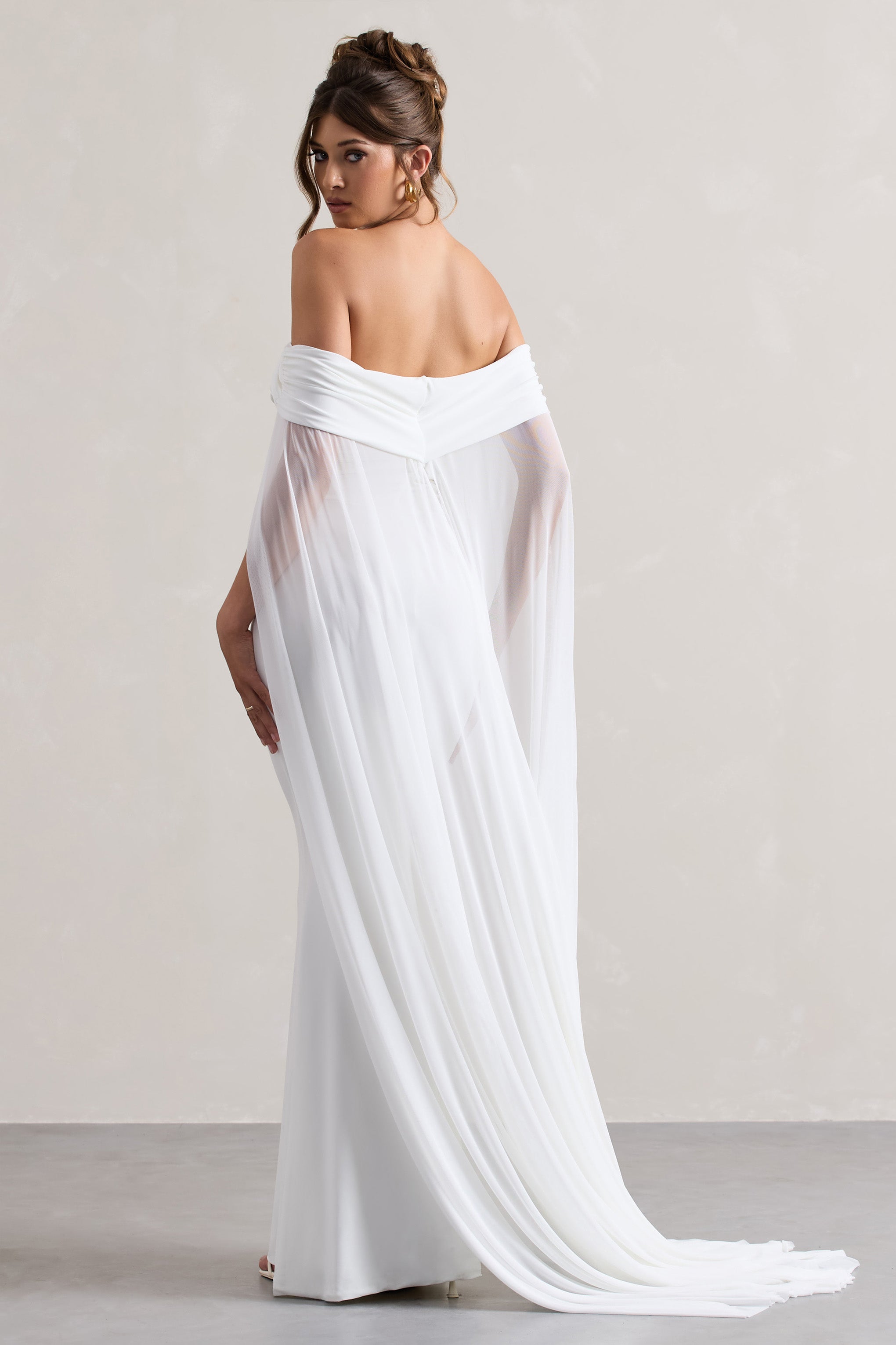 Carlotta White Bardot Maxi Dress With Chiffon Cape-Babyboo Dress Store. All Rights Reserved.
