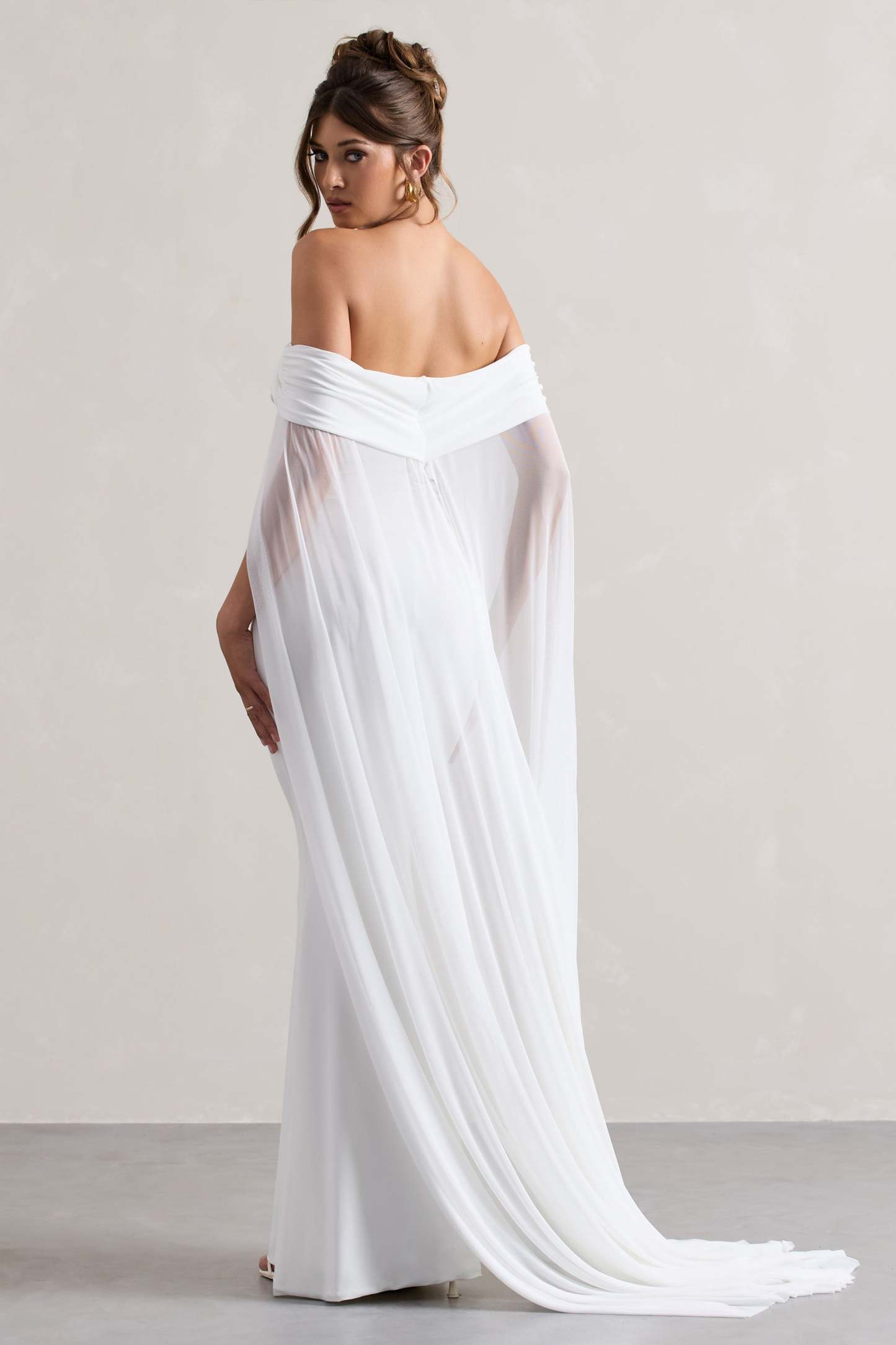 Carlotta White Bardot Maxi Dress With Chiffon Cape-Babyboo Dress Store. All Rights Reserved.