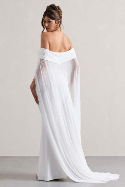Carlotta White Bardot Maxi Dress With Chiffon Cape-Babyboo Dress Store. All Rights Reserved.