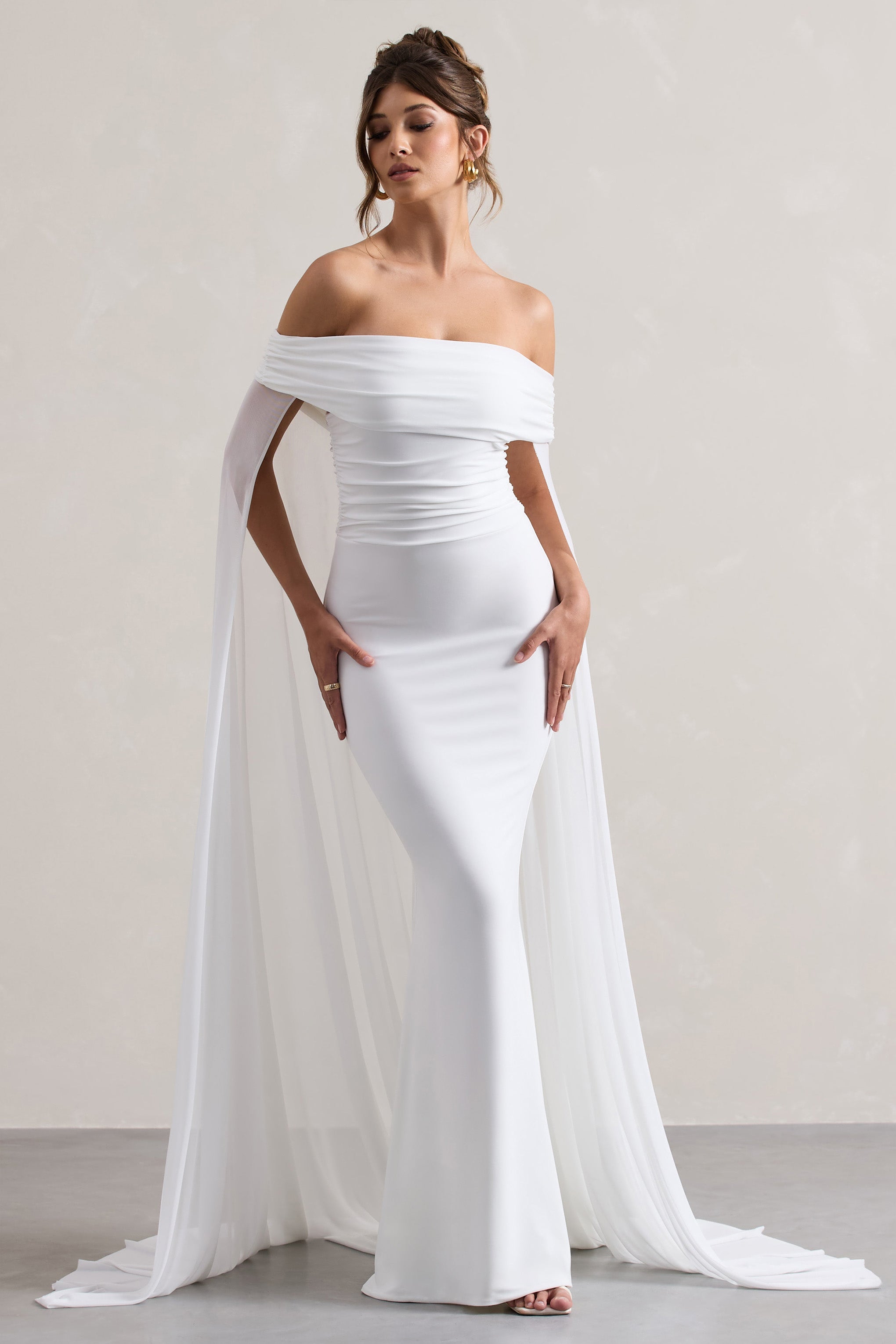 Carlotta White Bardot Maxi Dress With Chiffon Cape-Babyboo Dress Store. All Rights Reserved.
