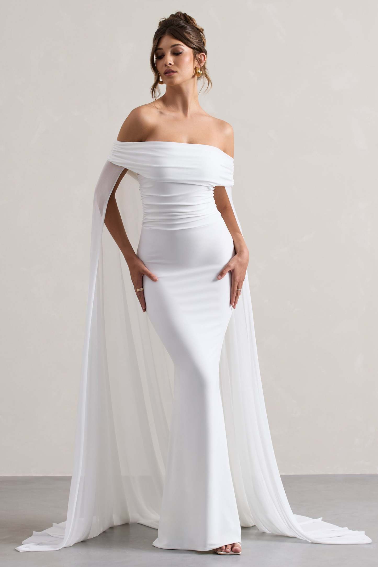 Carlotta White Bardot Maxi Dress With Chiffon Cape-Babyboo Dress Store. All Rights Reserved.