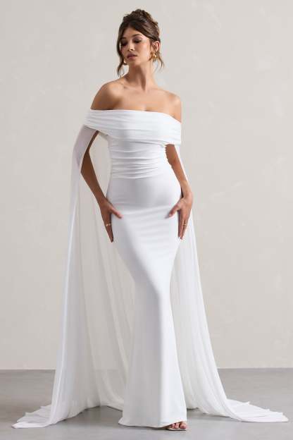 Carlotta White Bardot Maxi Dress With Chiffon Cape-Babyboo Dress Store. All Rights Reserved.