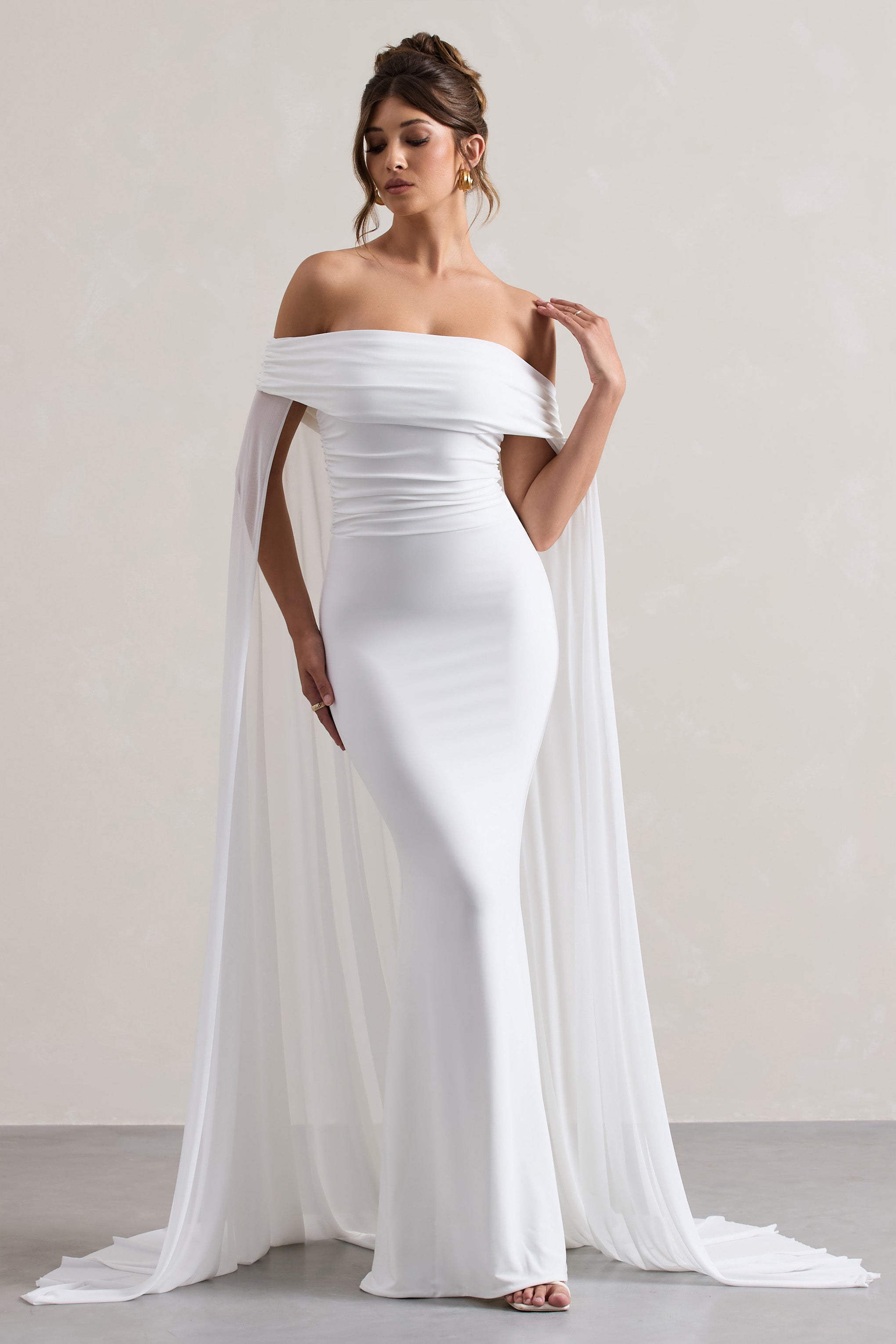 Carlotta White Bardot Maxi Dress With Chiffon Cape-Babyboo Dress Store. All Rights Reserved.