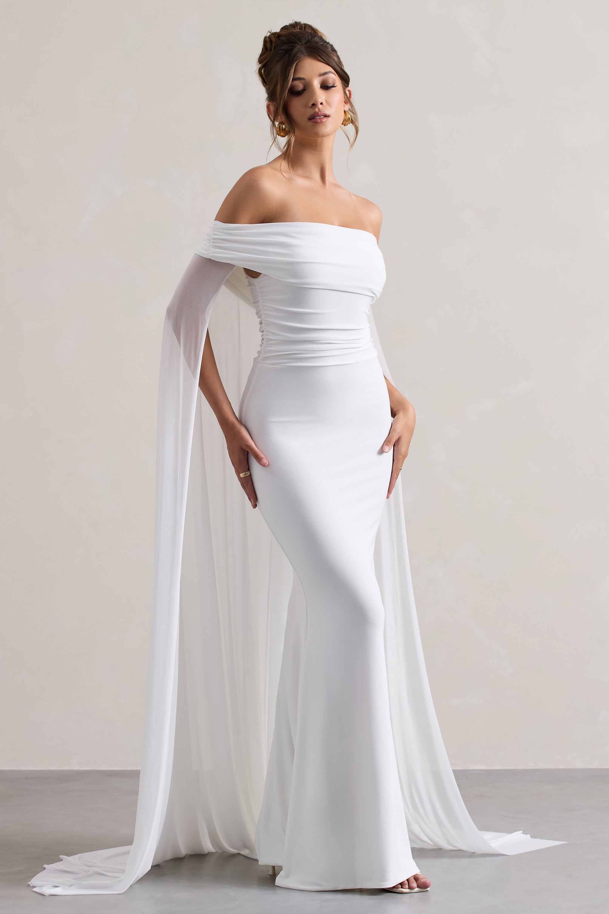 Carlotta White Bardot Maxi Dress With Chiffon Cape-Babyboo Dress Store. All Rights Reserved.