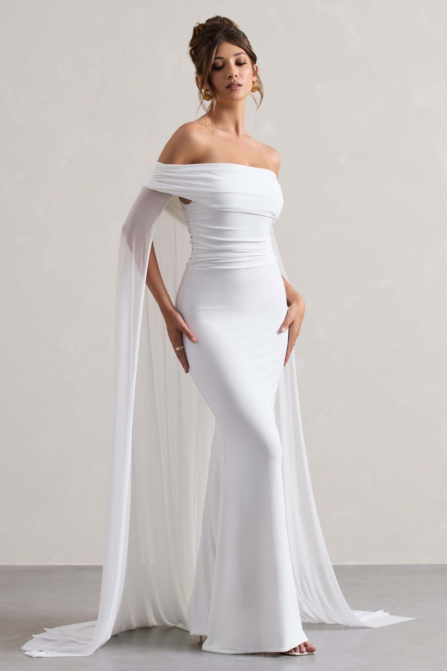 Carlotta White Bardot Maxi Dress With Chiffon Cape-Babyboo Dress Store. All Rights Reserved.