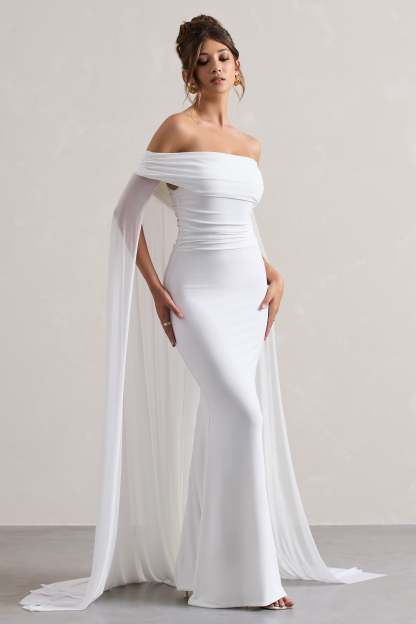 Carlotta White Bardot Maxi Dress With Chiffon Cape-Babyboo Dress Store. All Rights Reserved.