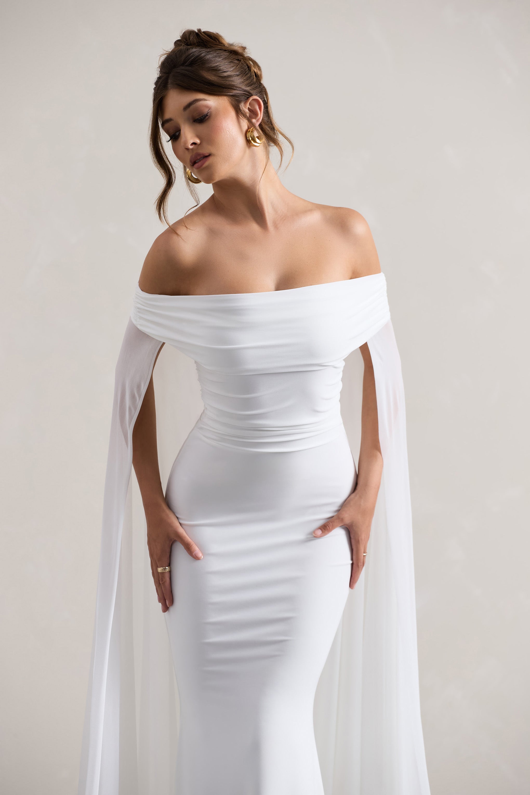 Carlotta White Bardot Maxi Dress With Chiffon Cape-Babyboo Dress Store. All Rights Reserved.