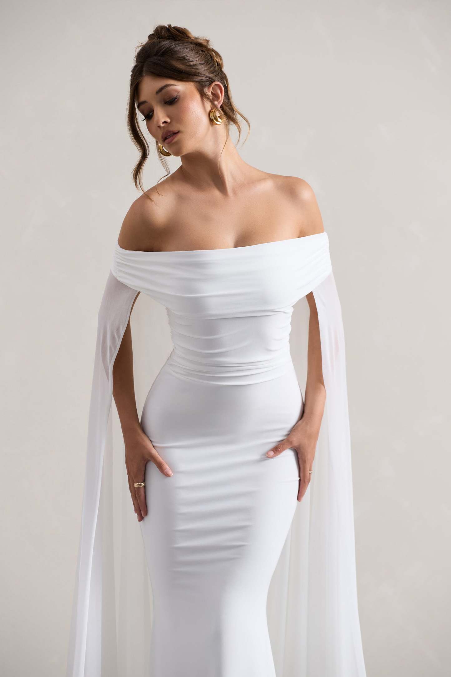 Carlotta White Bardot Maxi Dress With Chiffon Cape-Babyboo Dress Store. All Rights Reserved.