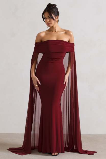 Carlotta Berry Bardot Maxi Dress With Chiffon Cape-Babyboo Dress Store. All Rights Reserved.