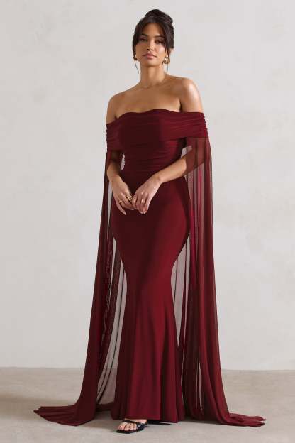 Carlotta Berry Bardot Maxi Dress With Chiffon Cape-Babyboo Dress Store. All Rights Reserved.