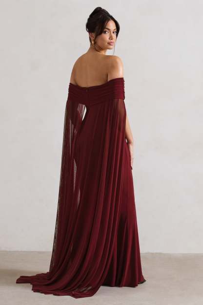 Carlotta Berry Bardot Maxi Dress With Chiffon Cape-Babyboo Dress Store. All Rights Reserved.