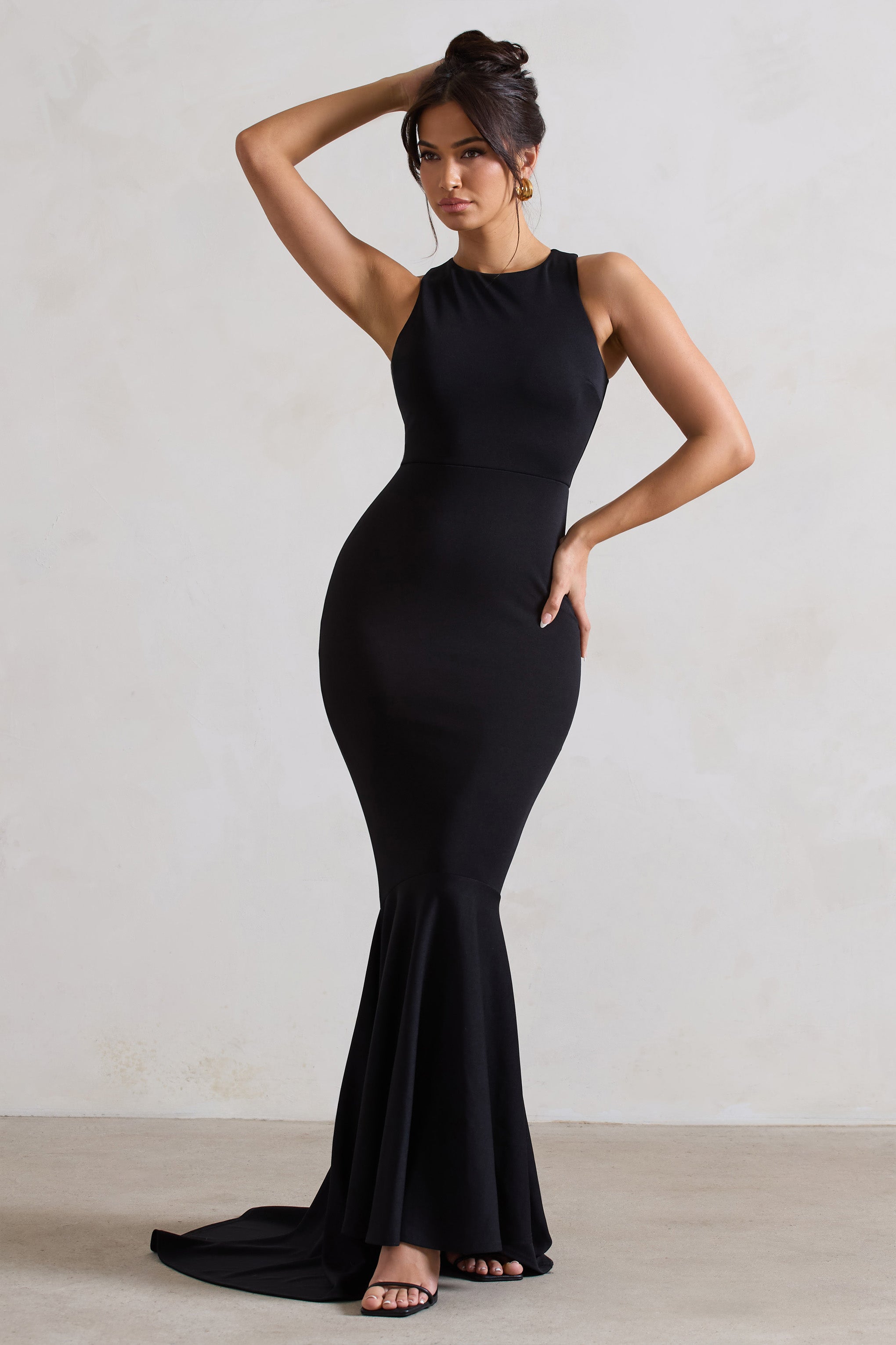 Bodhi Black Racer-Neck Fishtail Maxi Dress
