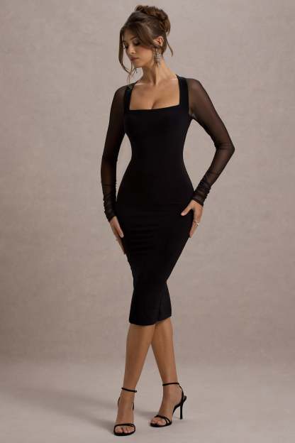Black Bodycon Midi Dress With Sheer Sleeves