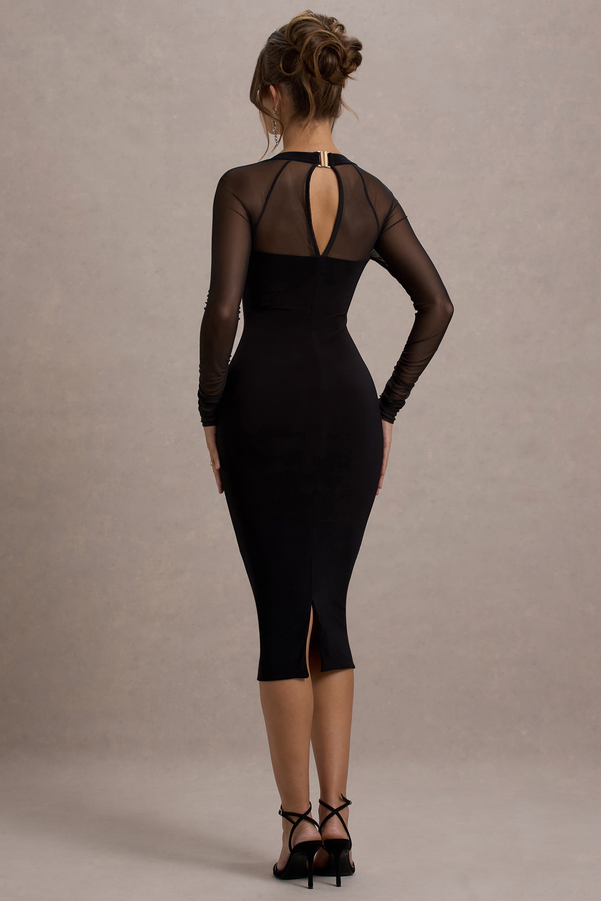 Black Bodycon Midi Dress With Sheer Sleeves