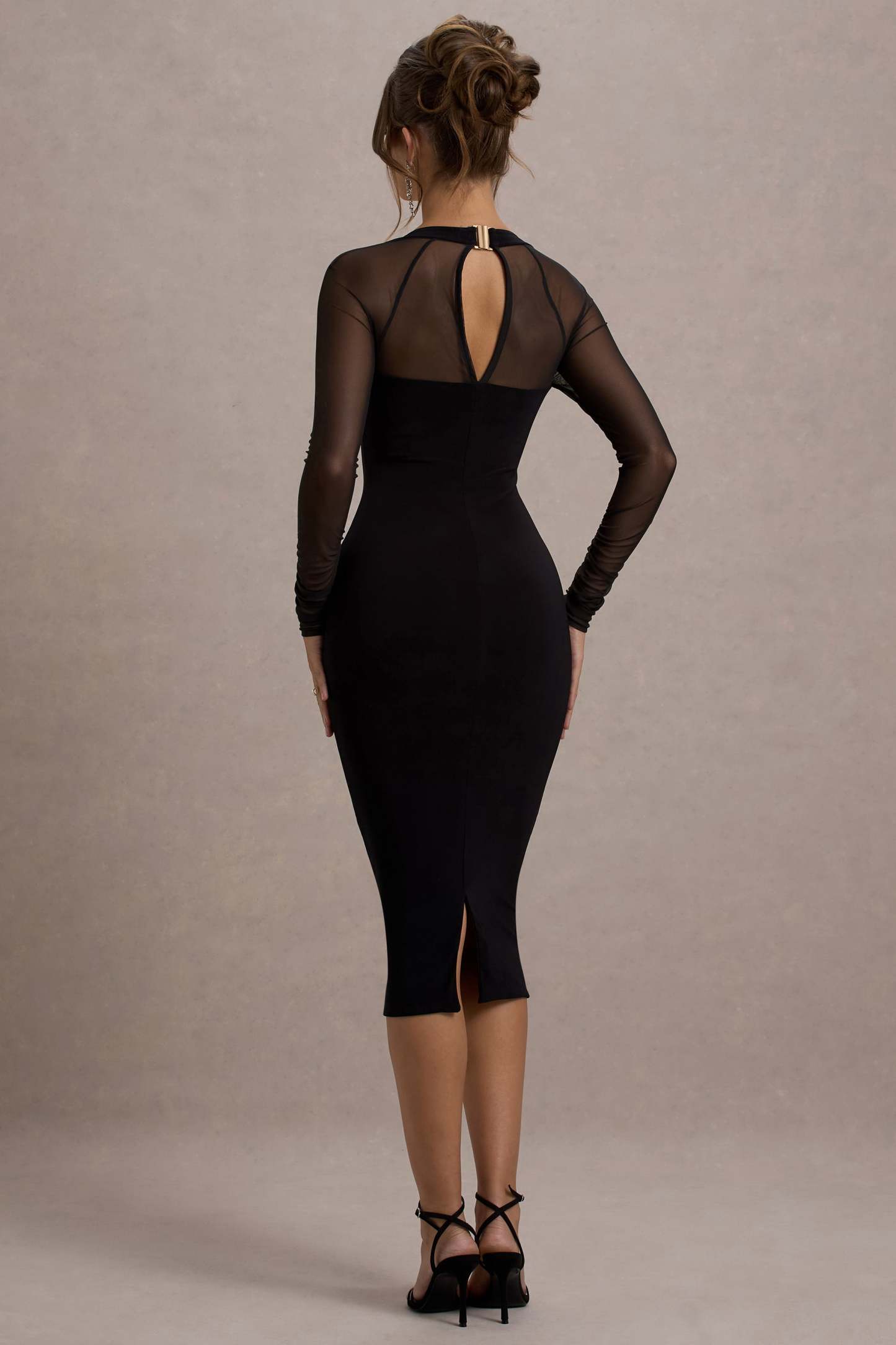 Black Bodycon Midi Dress With Sheer Sleeves