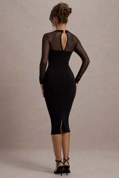 Black Bodycon Midi Dress With Sheer Sleeves
