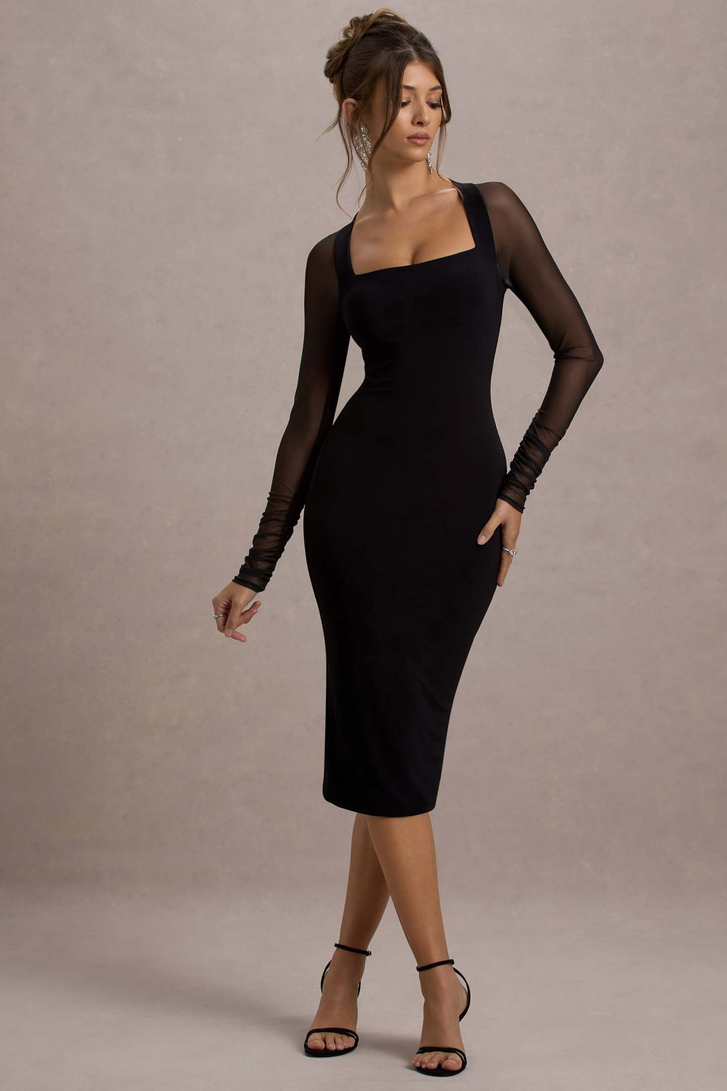 Black Bodycon Midi Dress With Sheer Sleeves