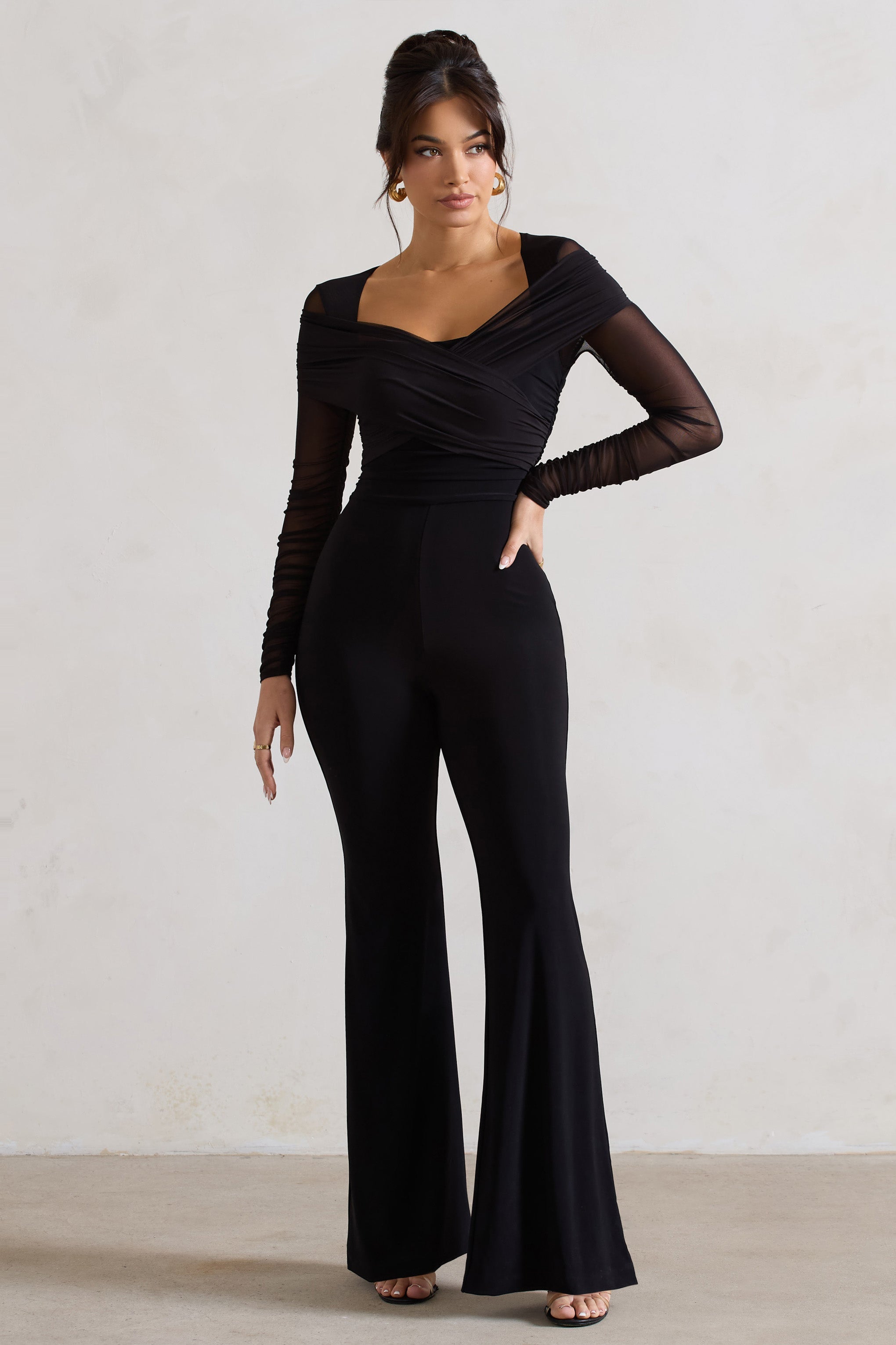Crossed Lines Black Ruched Mesh Flared-Leg Jumpsuit-Babyboo Dress Store. All Rights Reserved.