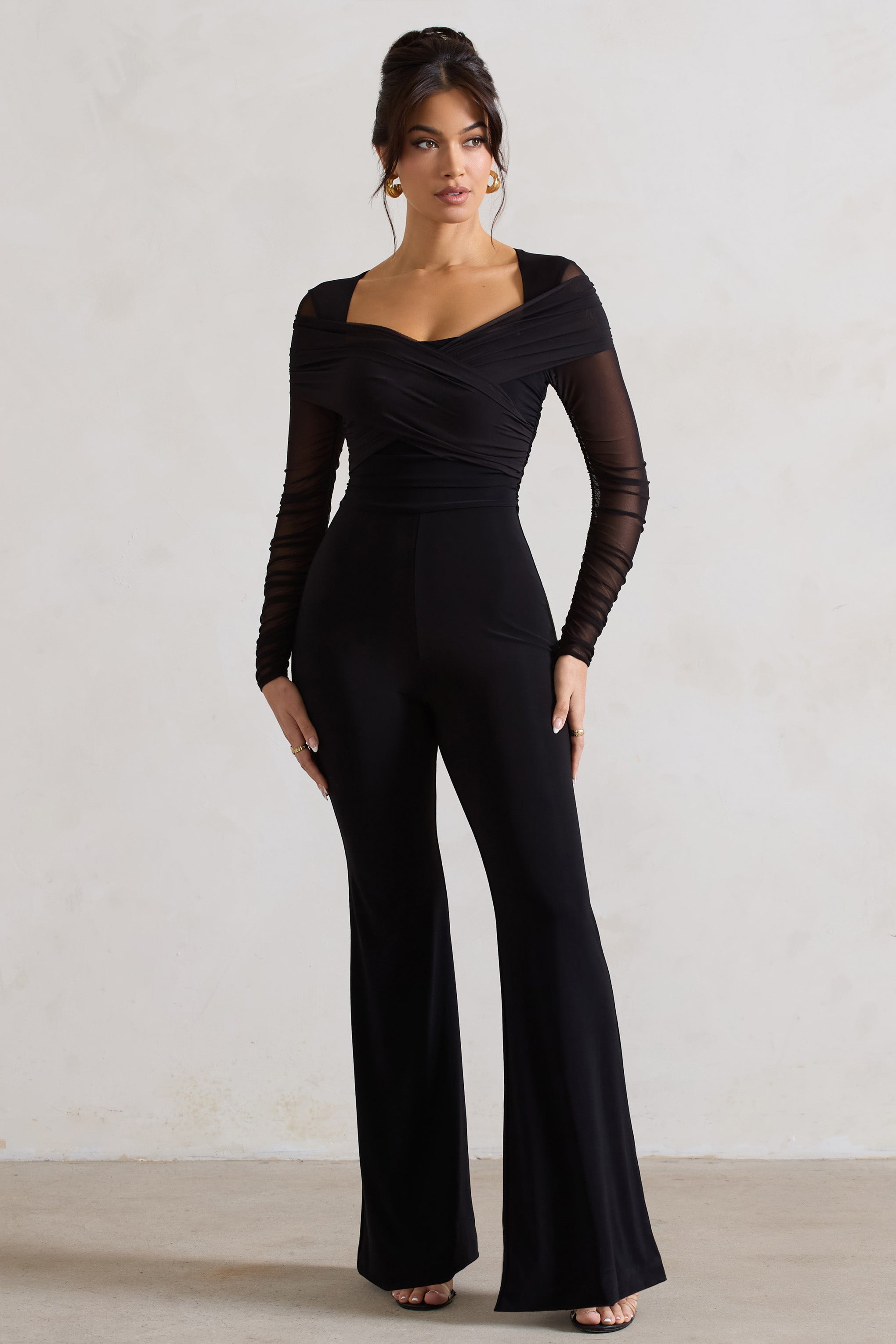Crossed Lines Black Ruched Mesh Flared-Leg Jumpsuit-Babyboo Dress Store. All Rights Reserved.