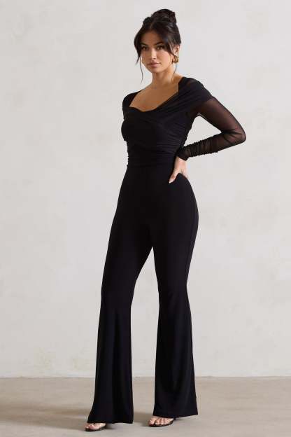 Crossed Lines Black Ruched Mesh Flared-Leg Jumpsuit-Babyboo Dress Store. All Rights Reserved.