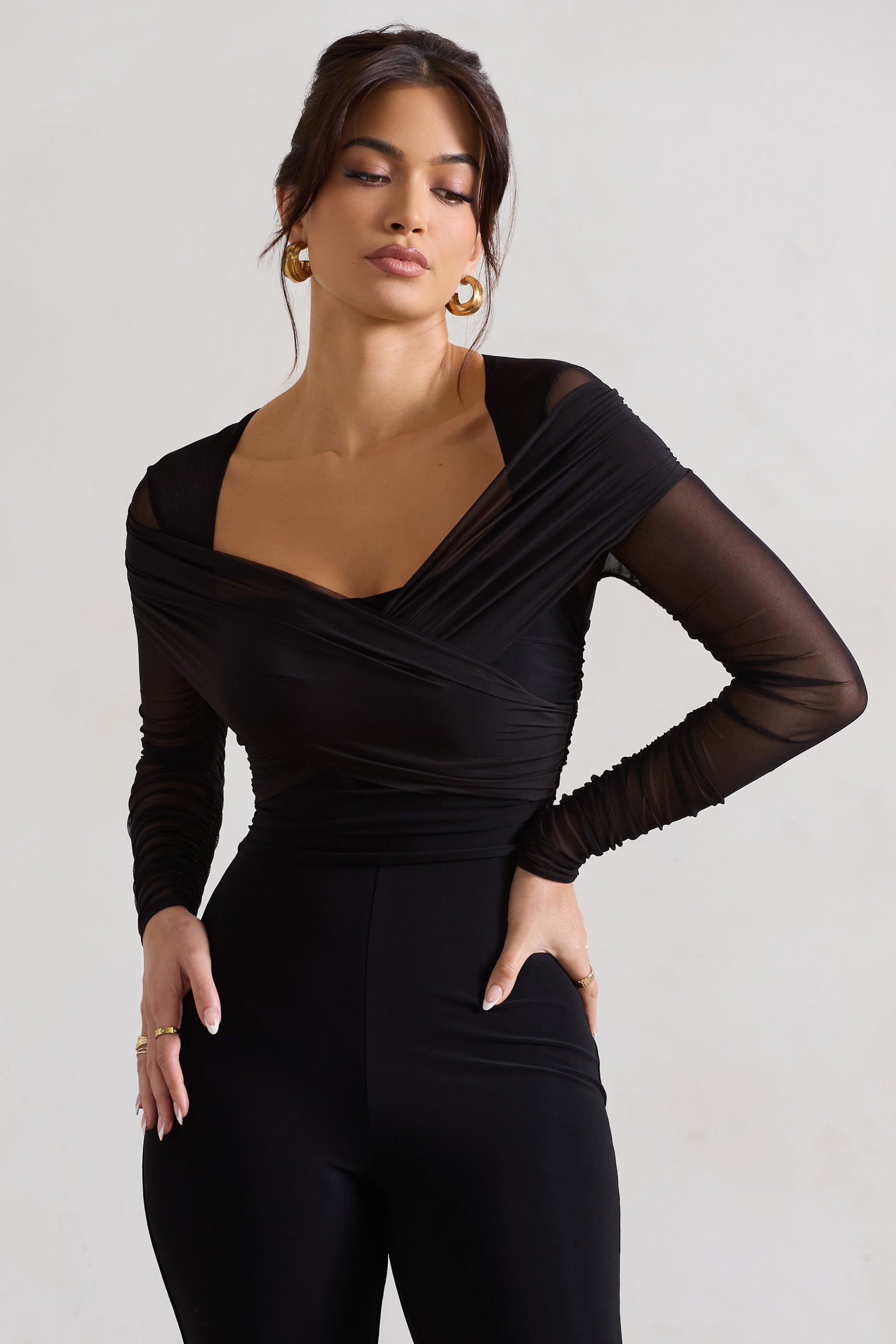 Crossed Lines Black Ruched Mesh Flared-Leg Jumpsuit-Babyboo Dress Store. All Rights Reserved.