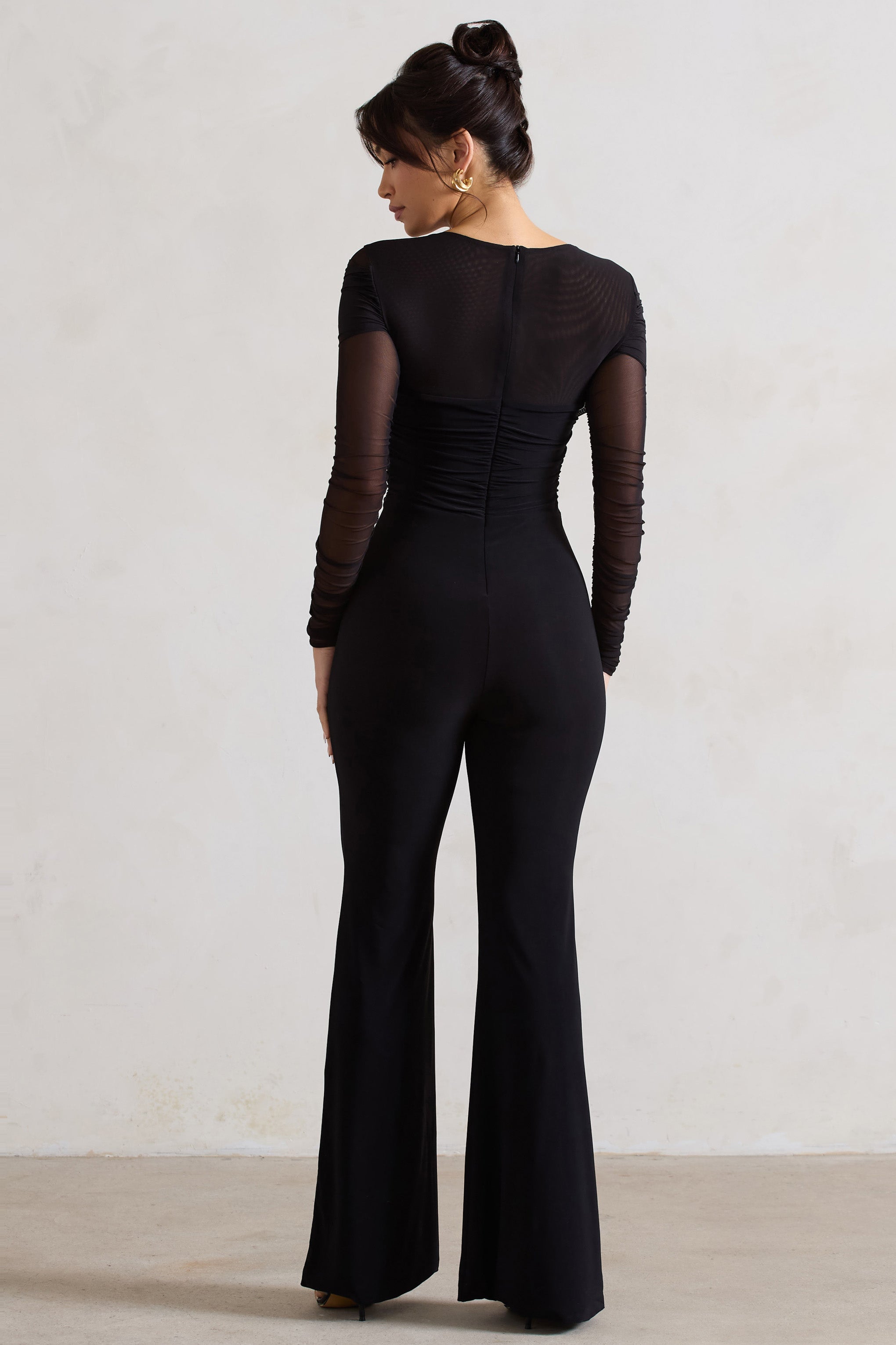 Crossed Lines Black Ruched Mesh Flared-Leg Jumpsuit-Babyboo Dress Store. All Rights Reserved.