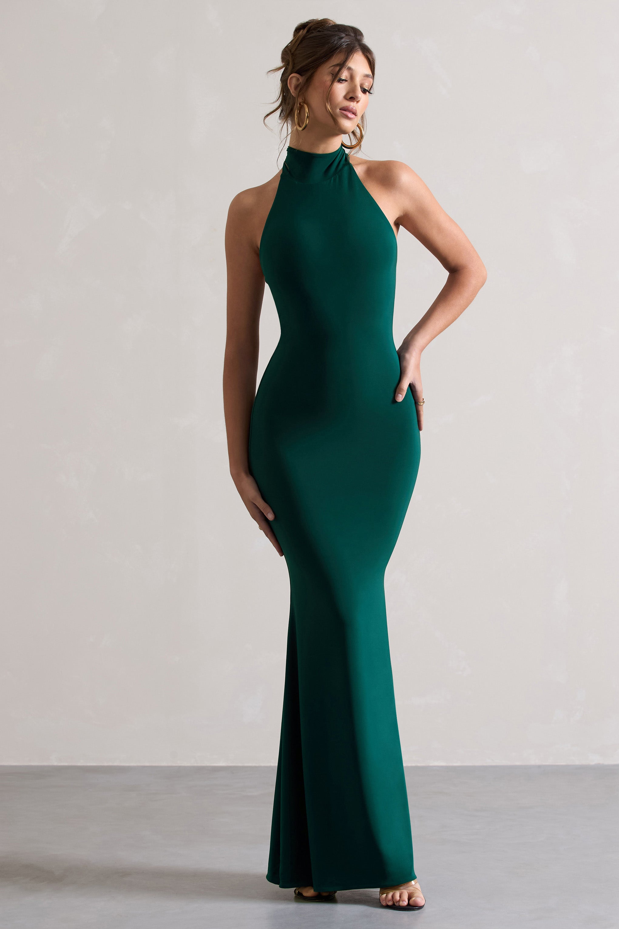 Colorado Bottle Green High-Neck Fishtail Maxi Dress-Babyboo Dress Store. All Rights Reserved.
